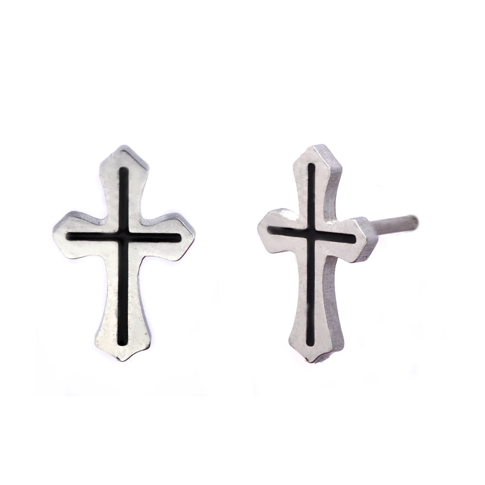 Buy 1 get 1 FREE - Stainless steel black line cross stud earrings - SSGE9434