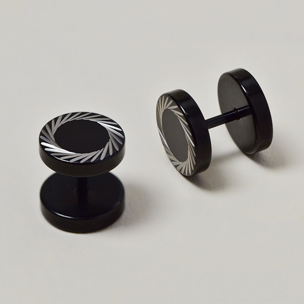 Stainless steel black swirl pattern 10mm dumbbell earrings - SSGE9439