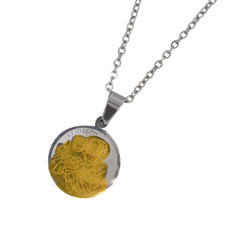Stainless steel two-toned St Joseph disc pendant on chain - SSGN7472