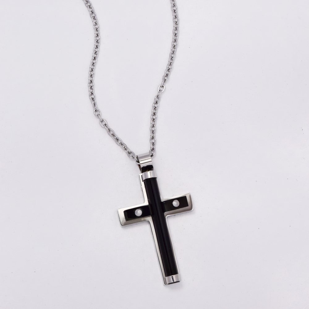 Stainless steel Two tone black tube detail cross - SSGN7649