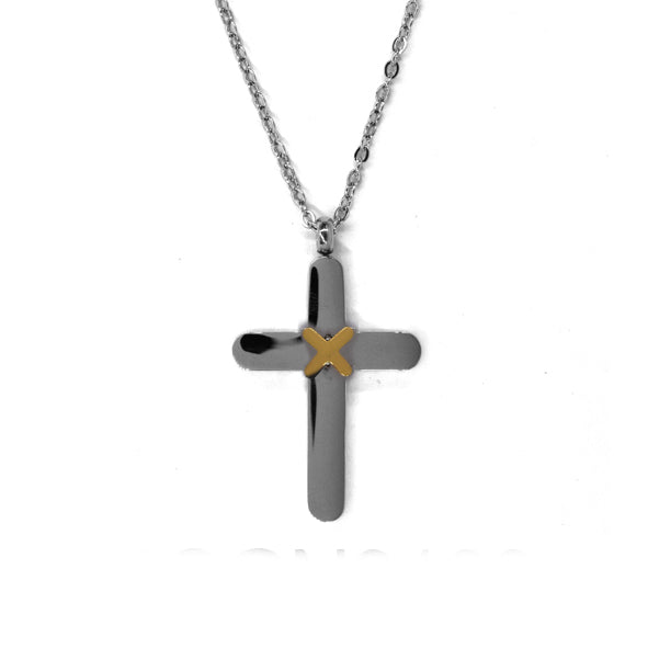 Stainless steel gold X centre cross necklace - SSGN9193