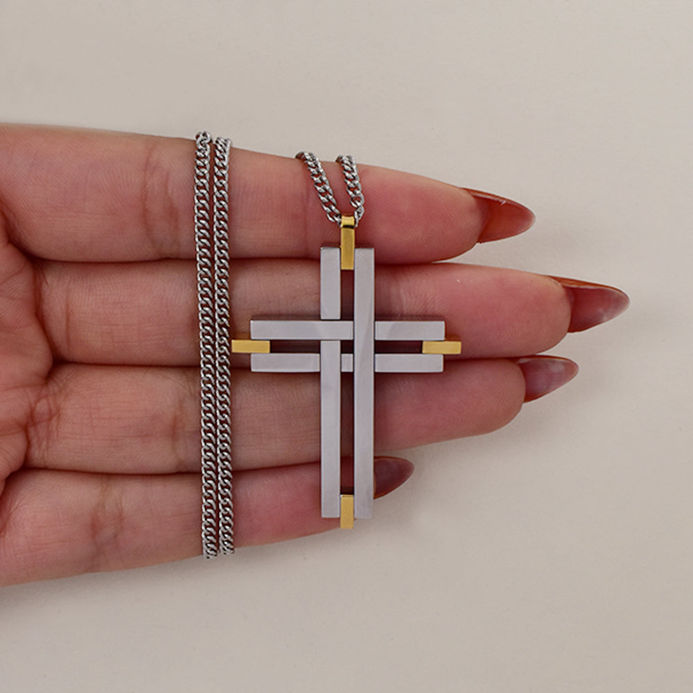 Stainless steel two tone interweaved cross pendant 40mm x 30mm - SSGN9405i