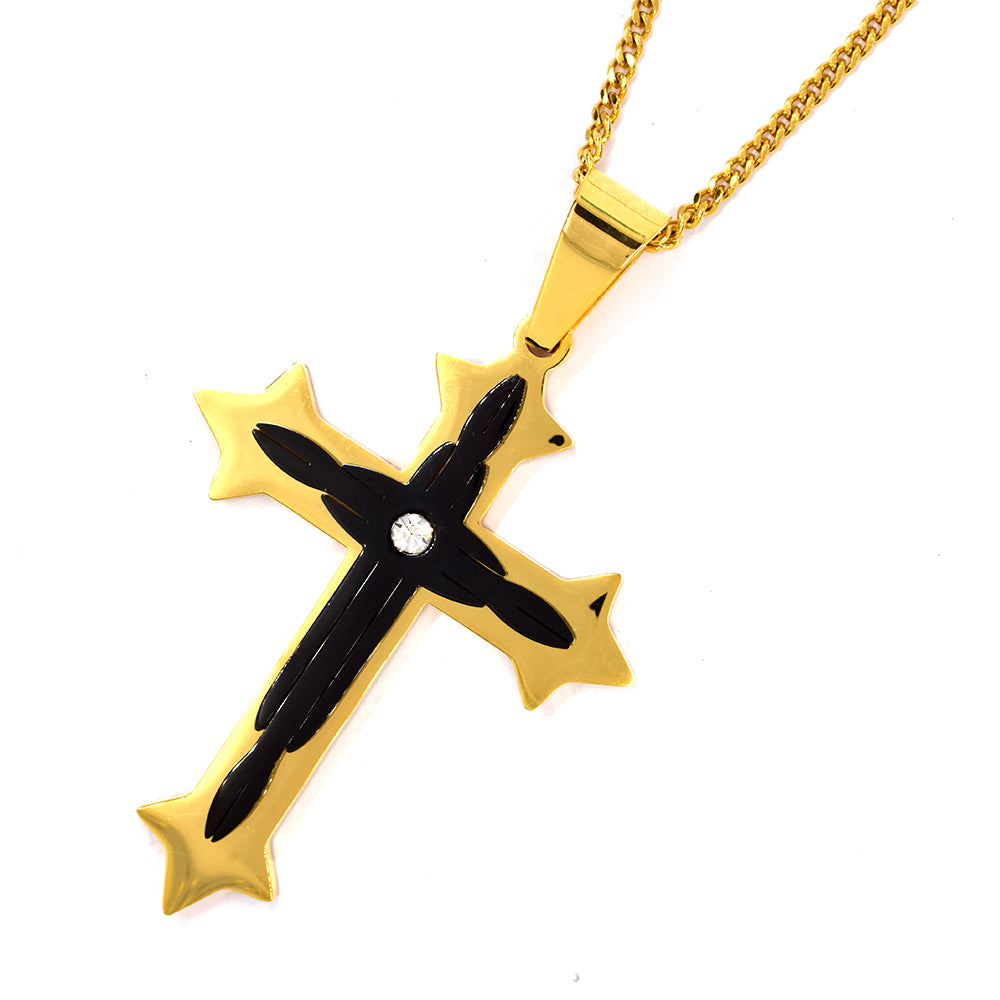 Stainless steel start tip gold plated cross and chain - SSGP1060