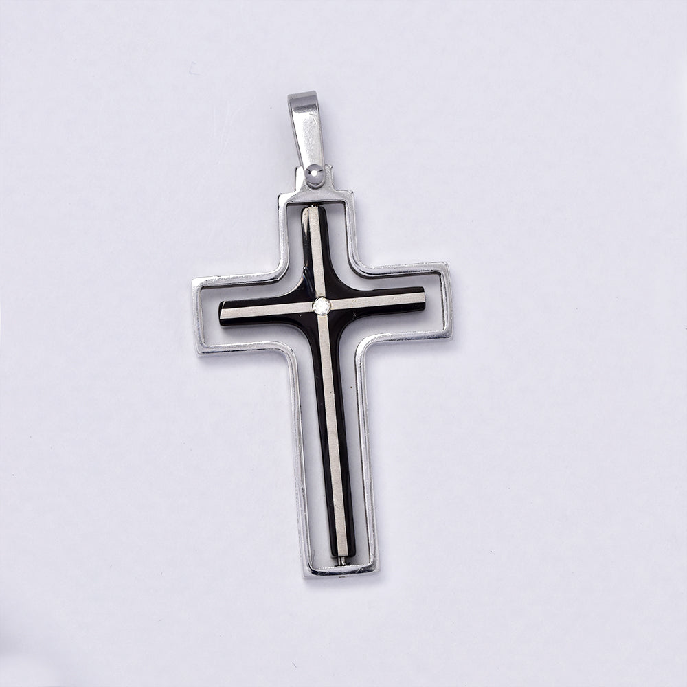 Stainless steel two toned cutout cross with cubic zirconia in center - SSGP4432