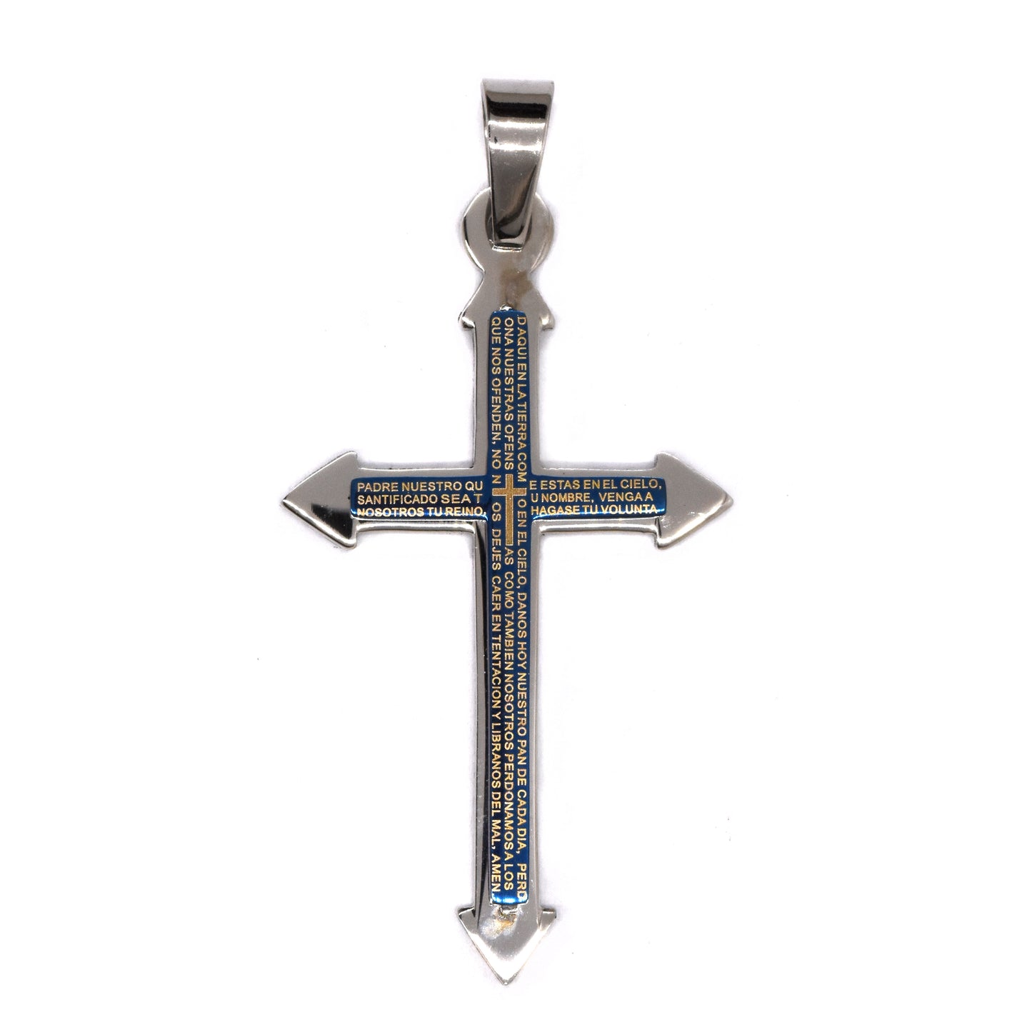 Stainless steel and blue plated prayer pointy cross pendant - SSGP9104