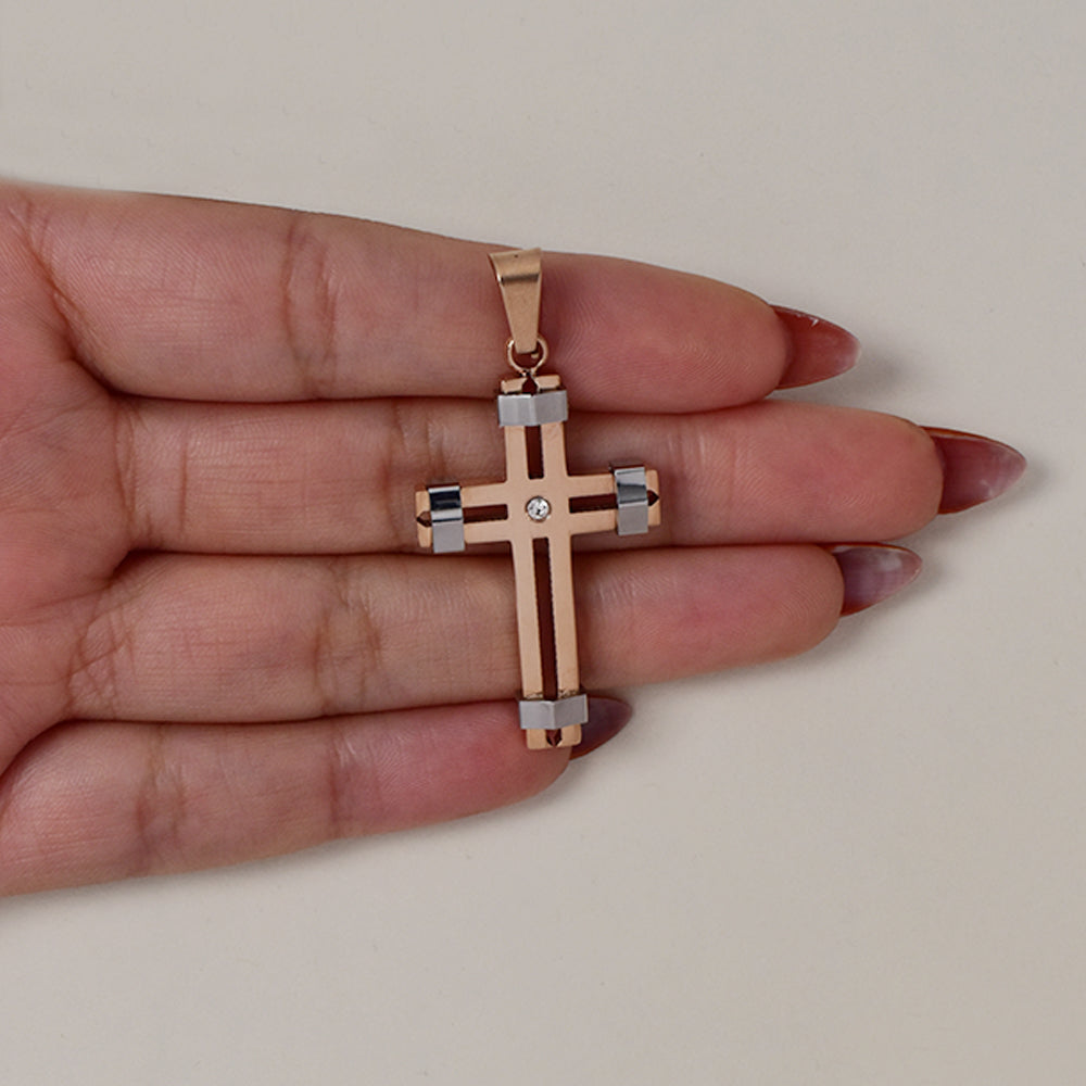 Stainless steel rose and white colour cross pendant 38mm x 23mm - SSGP9407i