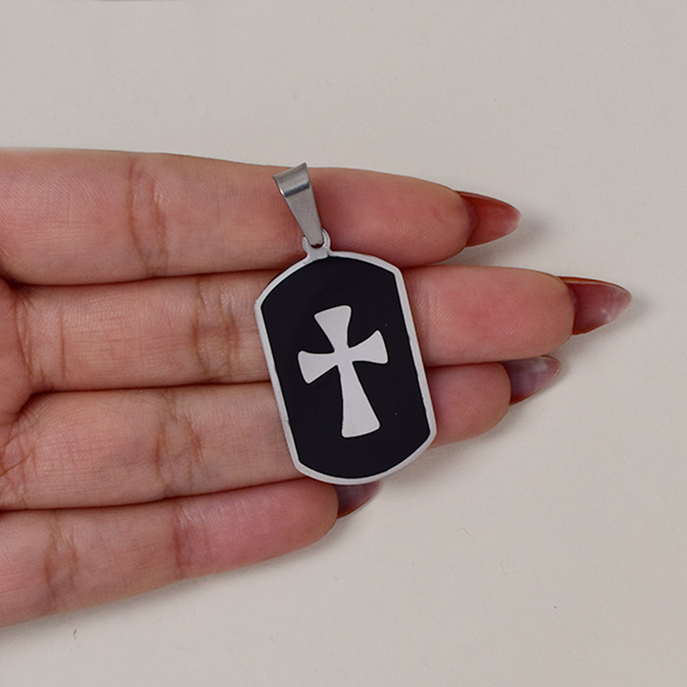 Stainless steel black disc 34mm x 22mm with a silver cross motive pendant - SSGP9409