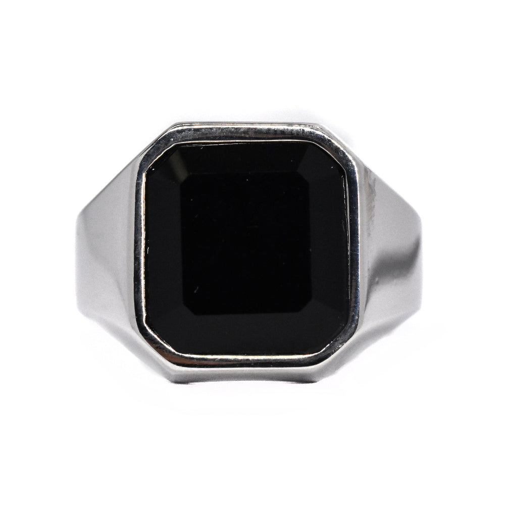Stainless steel square black stone signet ring - SSGR7306