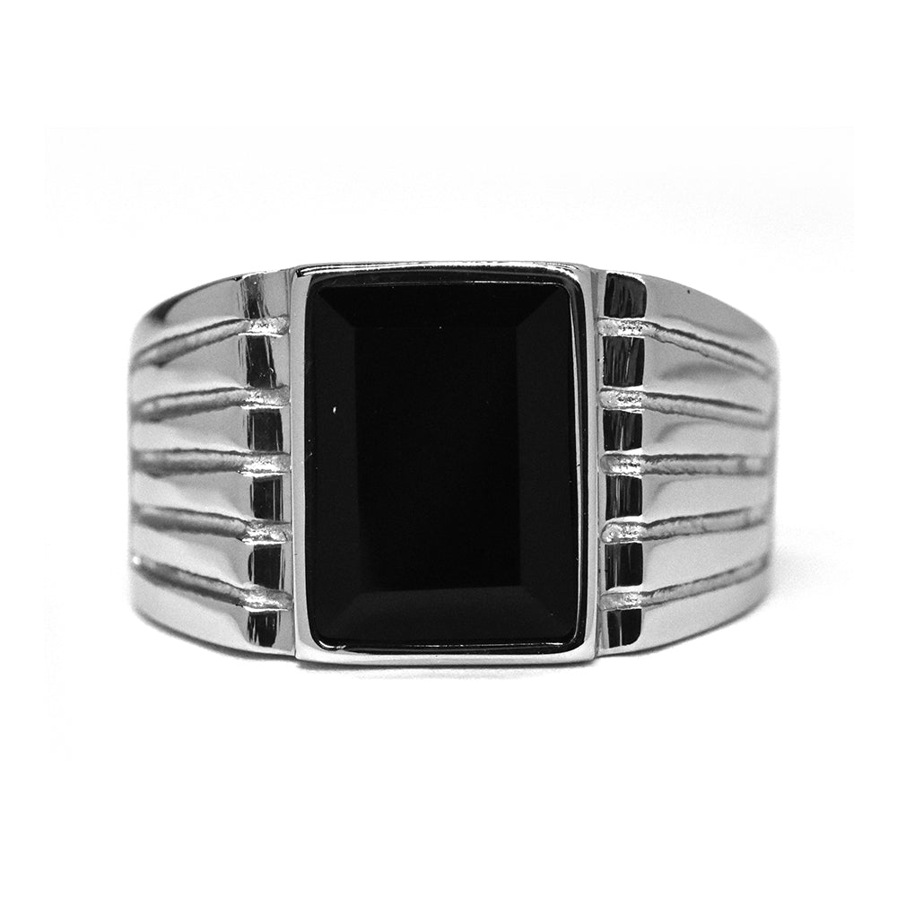 Stainless steel rectangle black stone with engraved Shand signet ring - SSGR7308