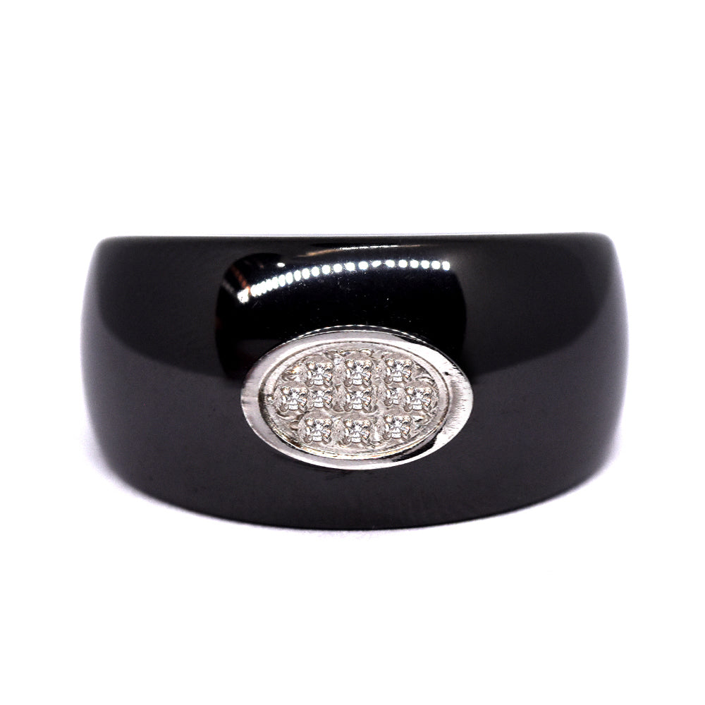 Stainless steel oval black ring with cubic zirconia - SSGR7518