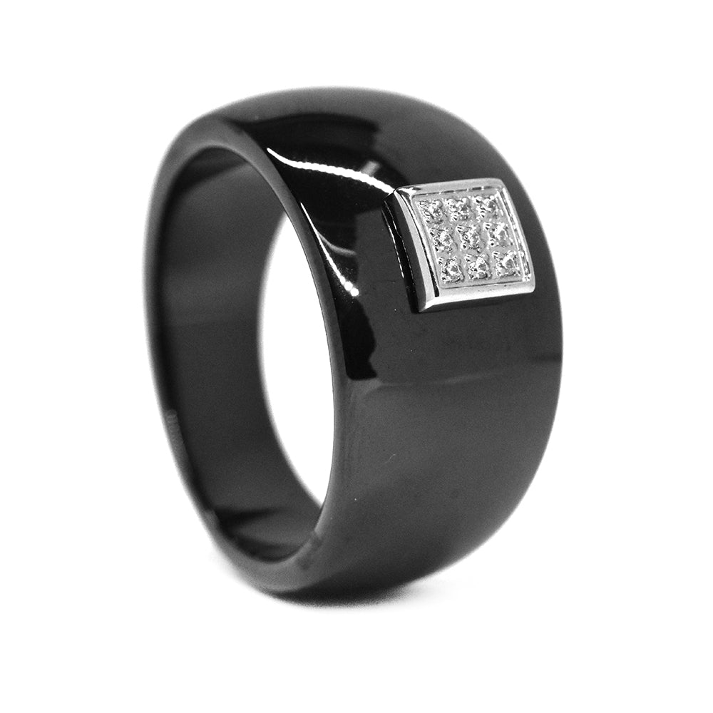 Stainless steel black plated ceramic square cubic zirconia ring - SSGR7520