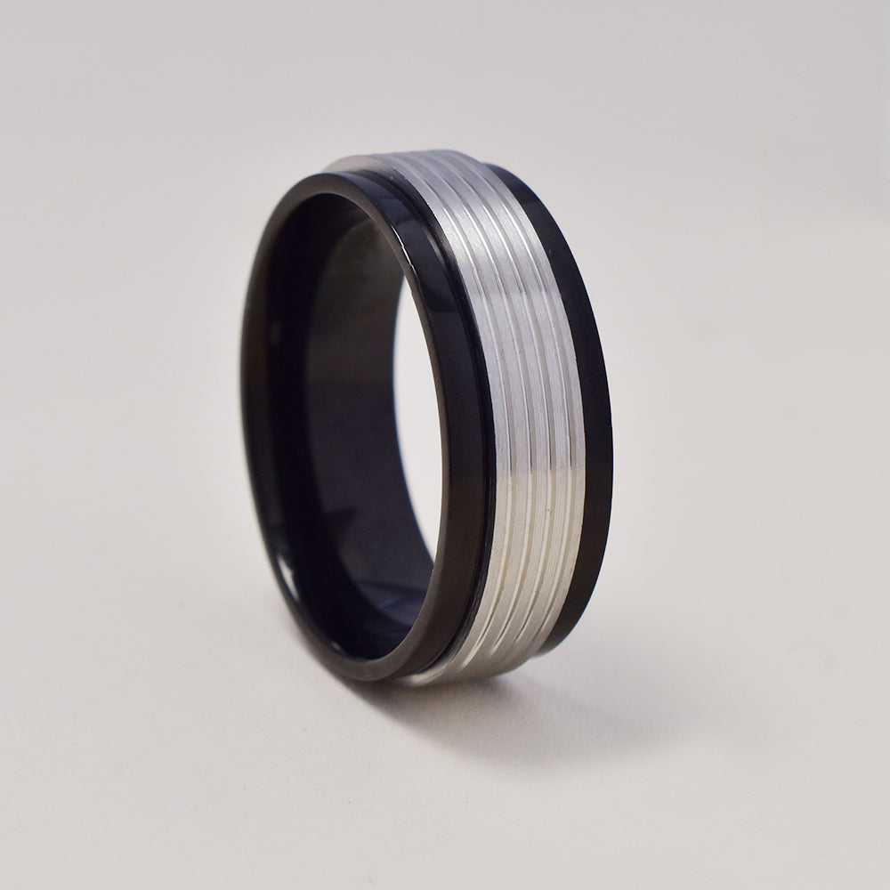 Buy 1 get 1 FREE - Stainless steel black and silver line band ring Size Z - SSGR9476i