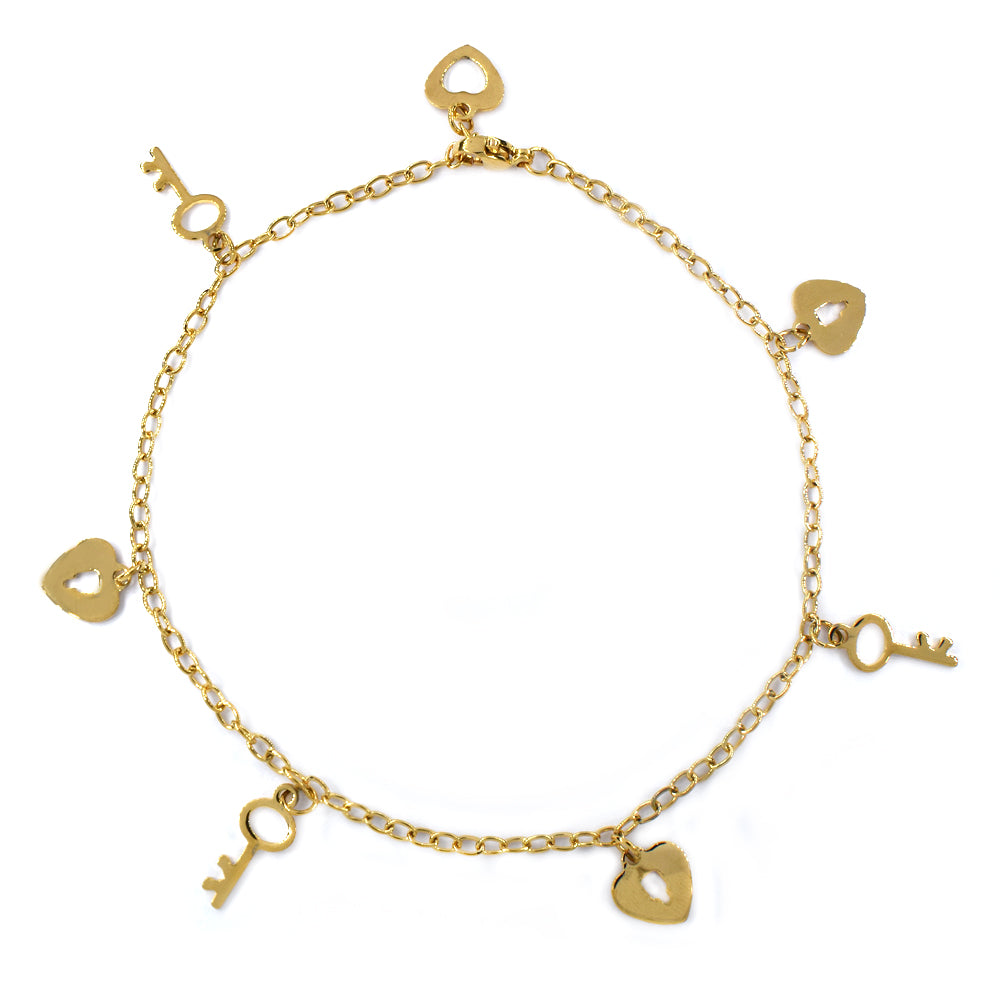 Stainless steel gold anklet with lock and key charms - SSMA2944
