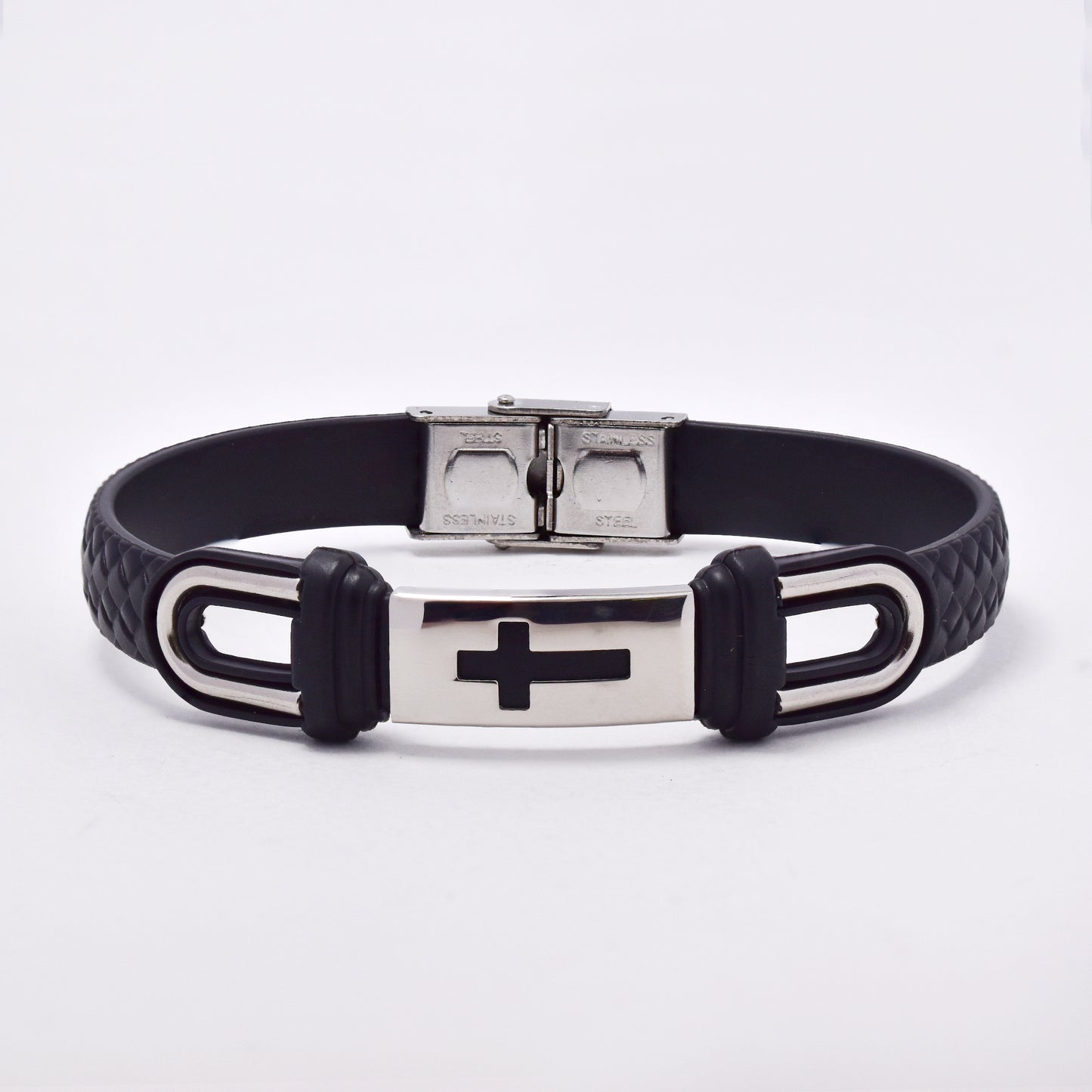 SSMB2968 - Steel and PU weave cross bracelet