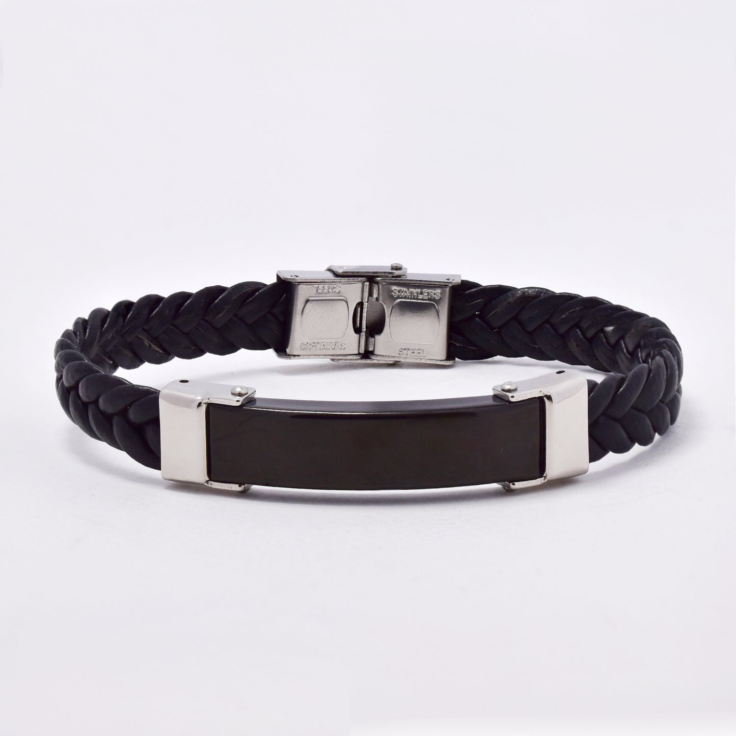 SSMB2969 - Steel and PU weave 23cm x 12mm 2 tone bracelet