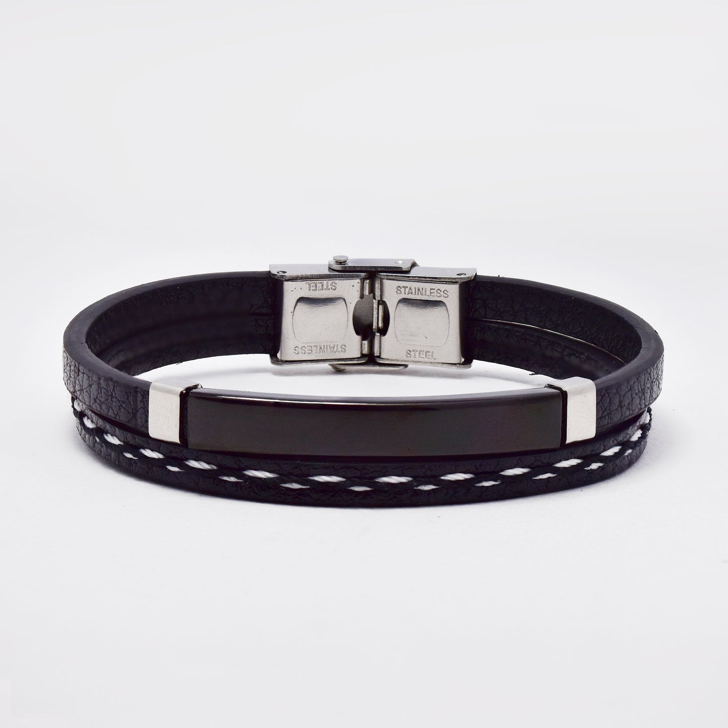 SSMB2973 - Steel and stitched leather 21.5cm x 12mm 2 strand bracelet