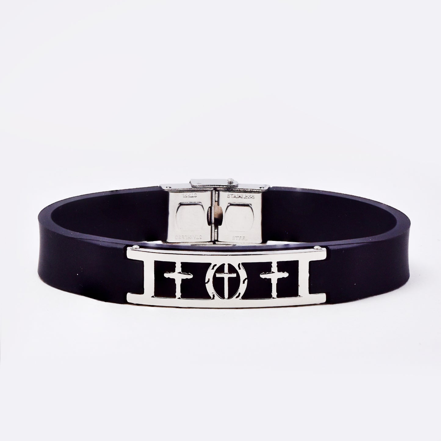 SSMB3180 - Steel 22 cm x 12mm rubber bracelet with cross mid-section