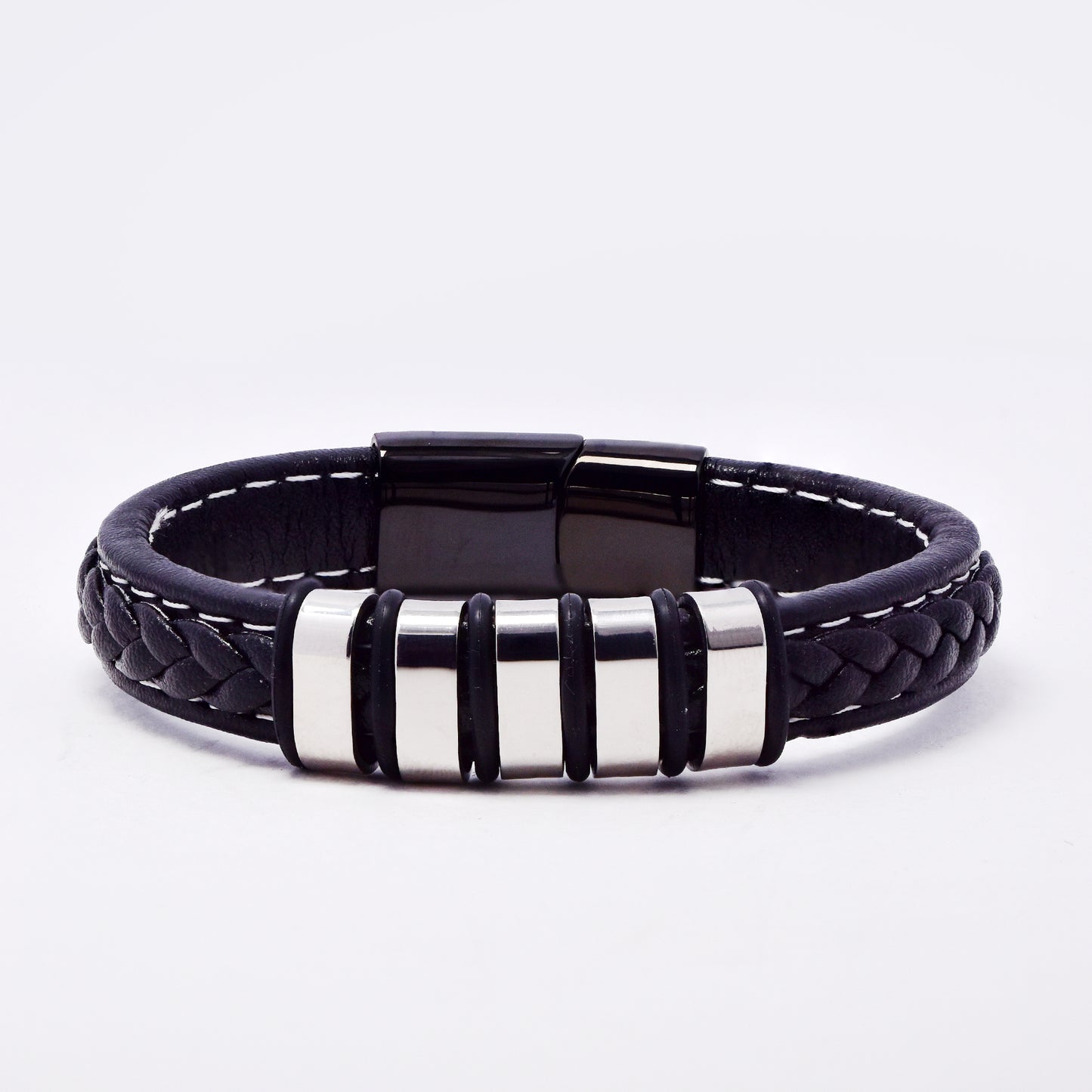 SSMB3185-BLK - Steel 22cm x 12mm faux leather weave bracelet