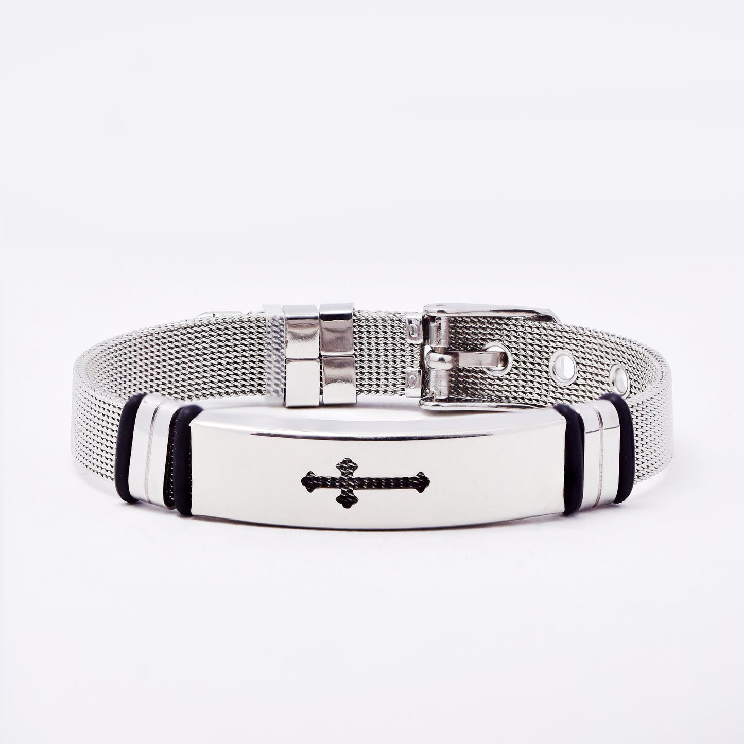 SSMB3192 - Steel 24cm x 10mm cross bracelet with watch-strap & buckle closure