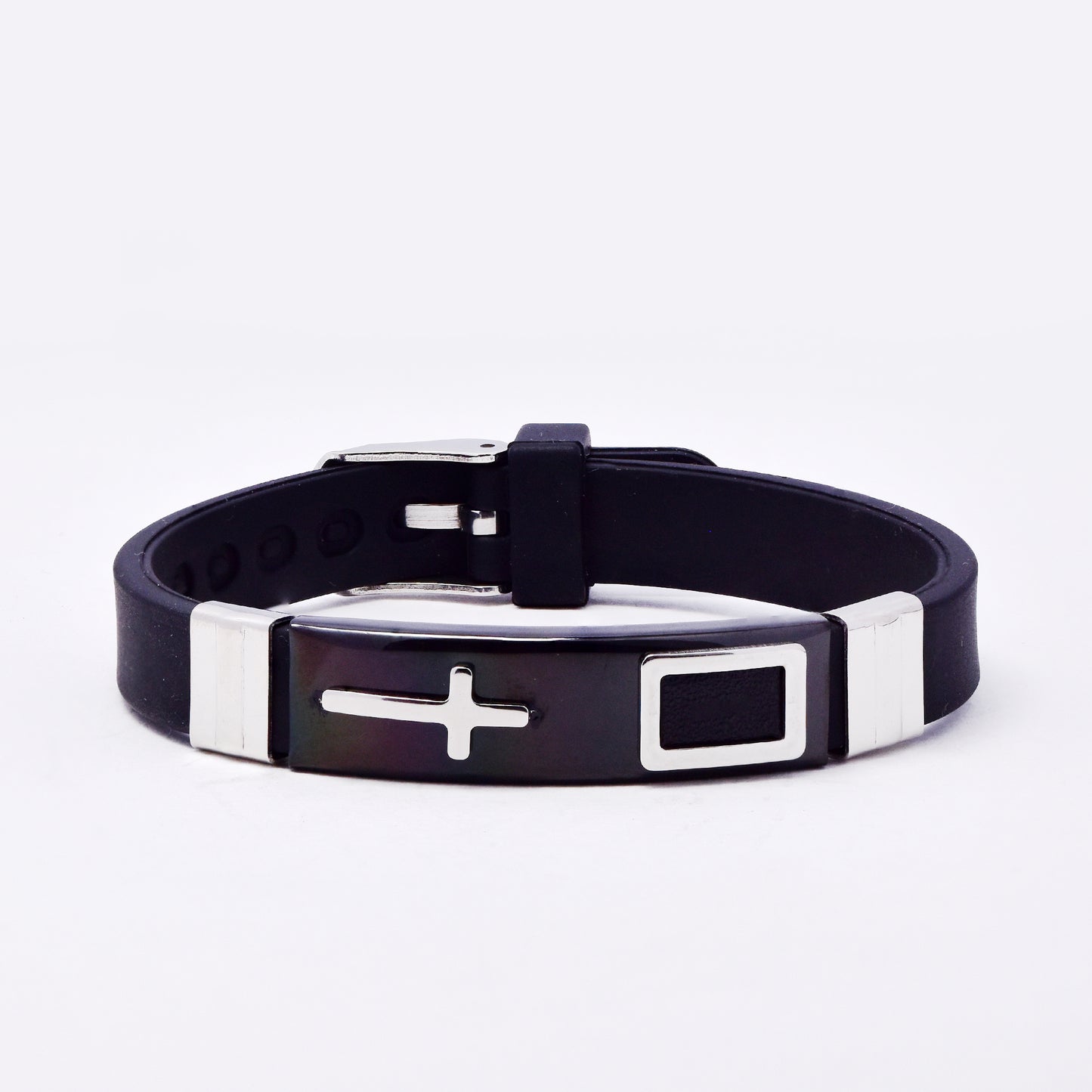 SSMB3194 - Steel 22.5cm x 10mm cross bracelet with rubber watch-strap & buckle closure