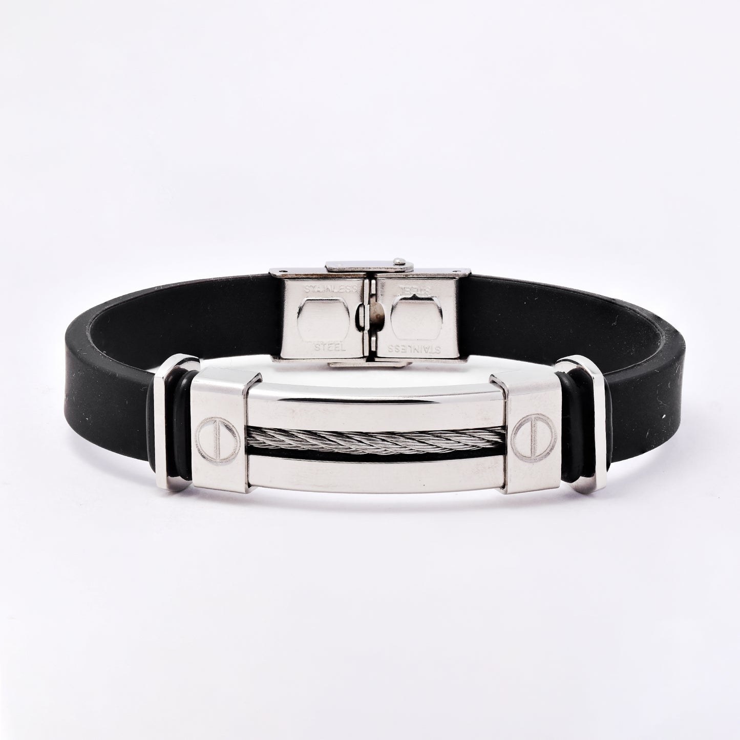 SSMB3213 - Steel 21.5cm x 10mm rubber bracelet with cable center