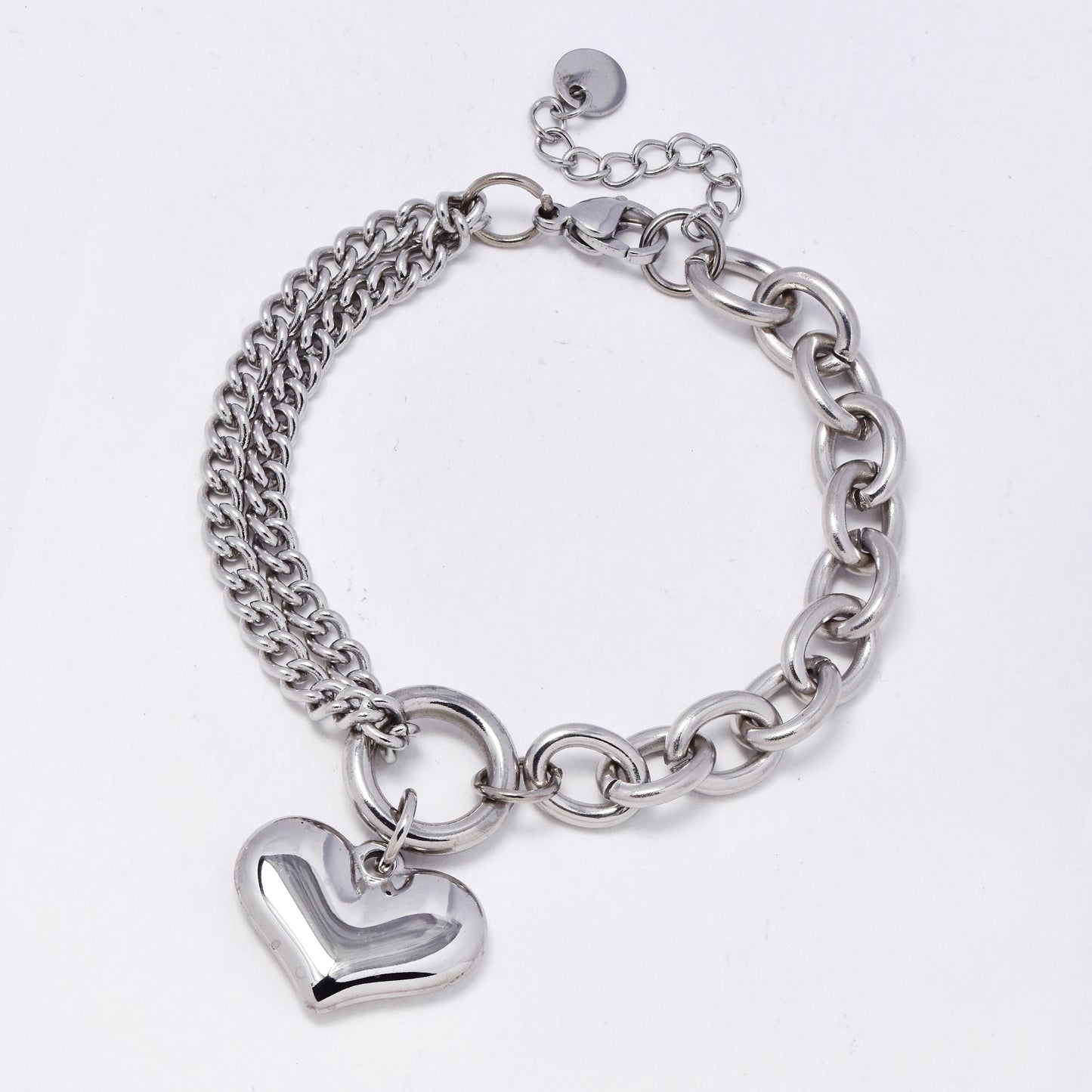 SSMB3236 - Steel 16.5cm + 5cm mixed link heart charm bracelet