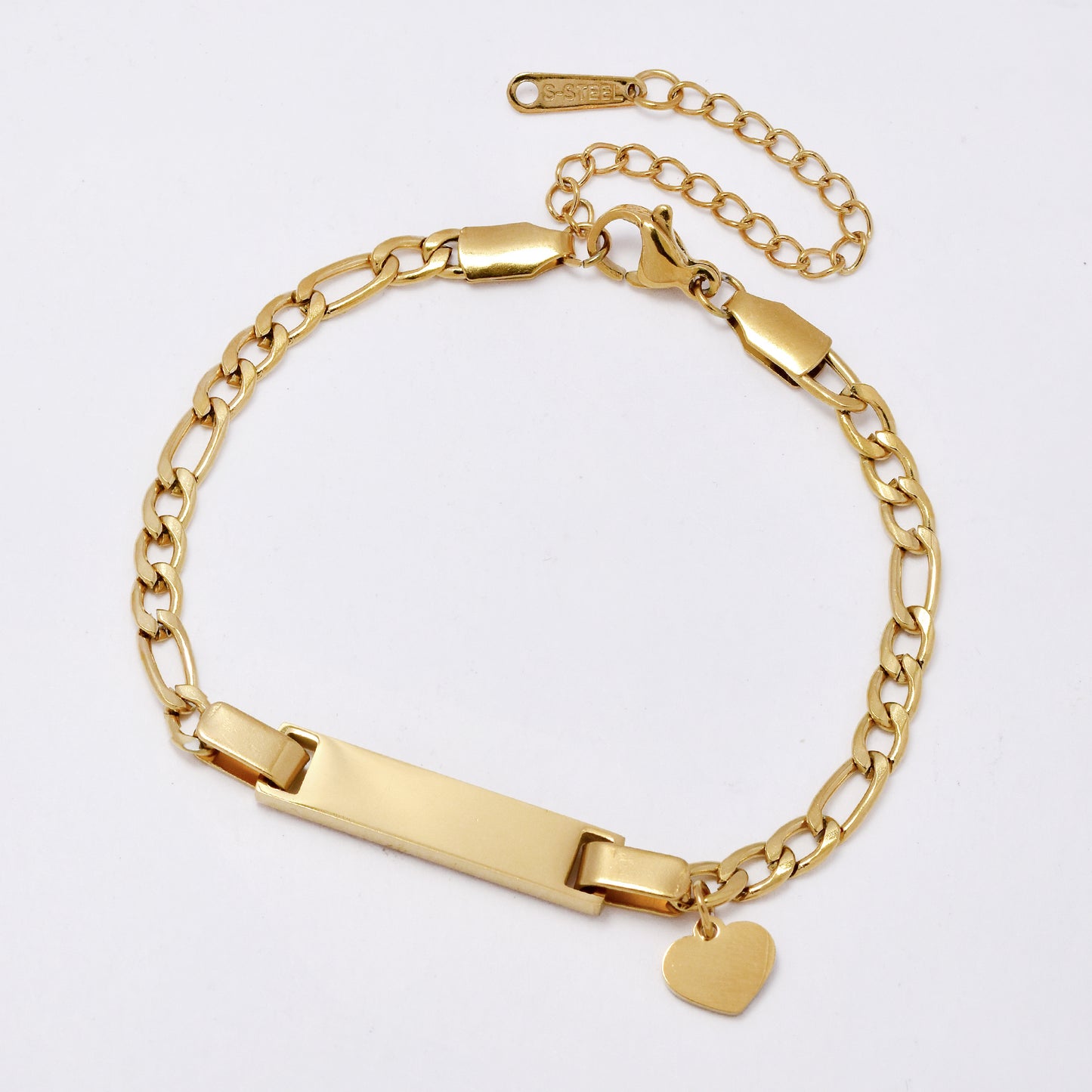 SSMB3281 - Steel 16cm + 5cm x 3.8mm ID figaro bracelet with heart disk