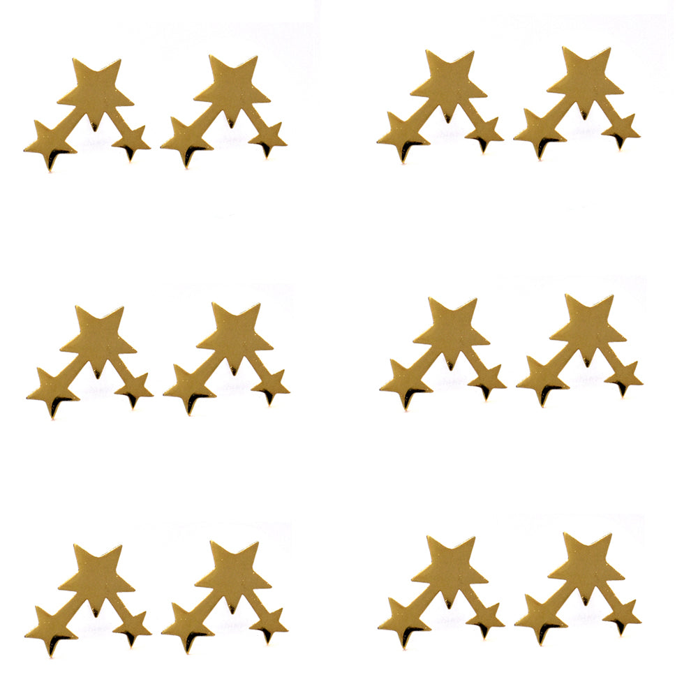 6 Pack stainless steel gold 3 star stud earring - SSME1050-13