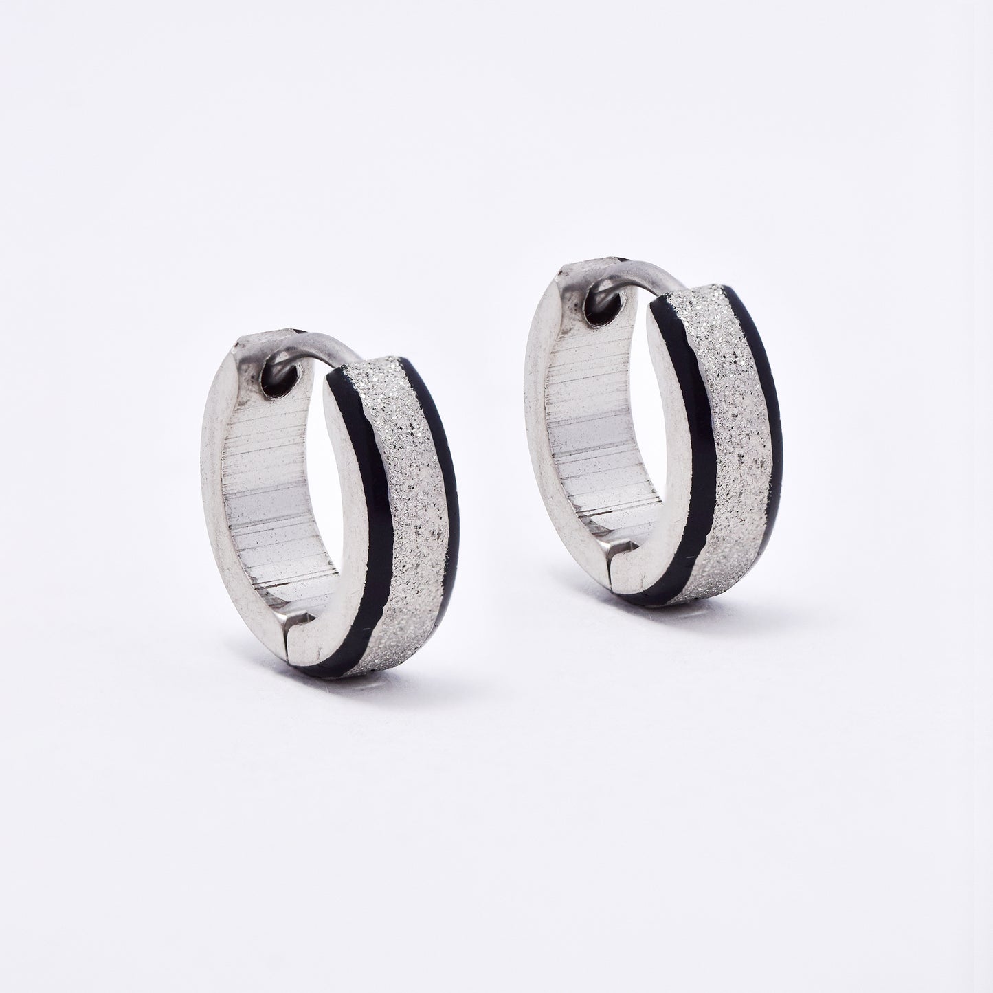 SSME3143 - Steel 13mm x 4mm two tone iced huggie earrings