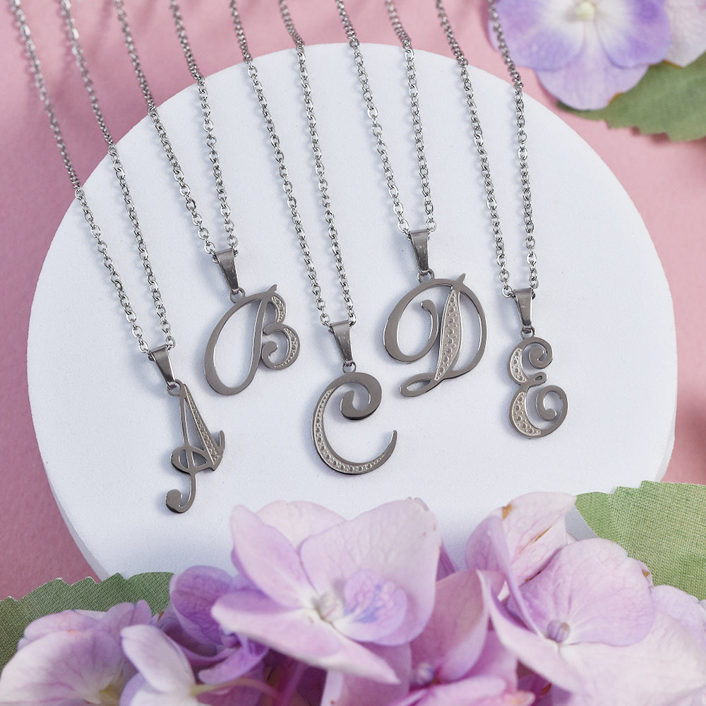 Steel decorative font initial necklace