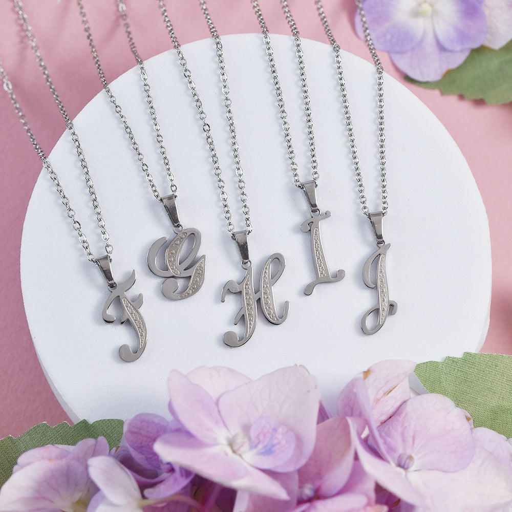 Steel decorative font initial necklace