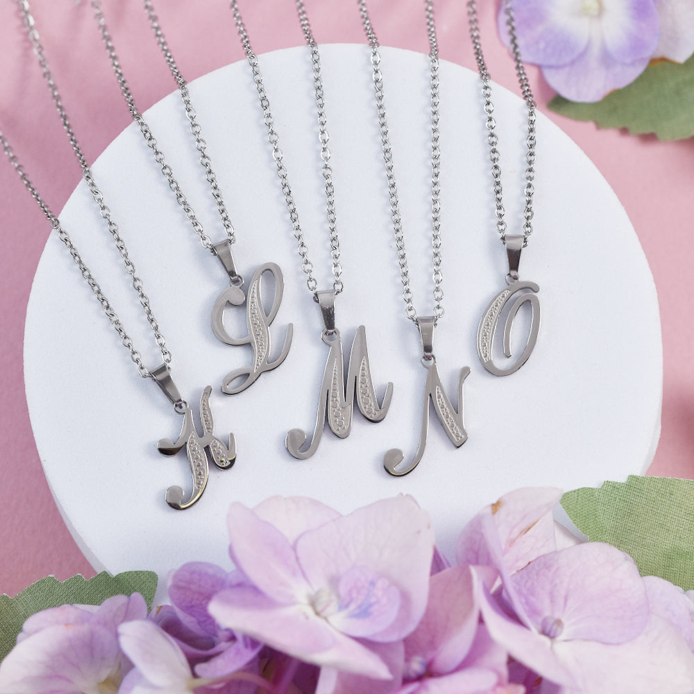 Steel decorative font initial necklace