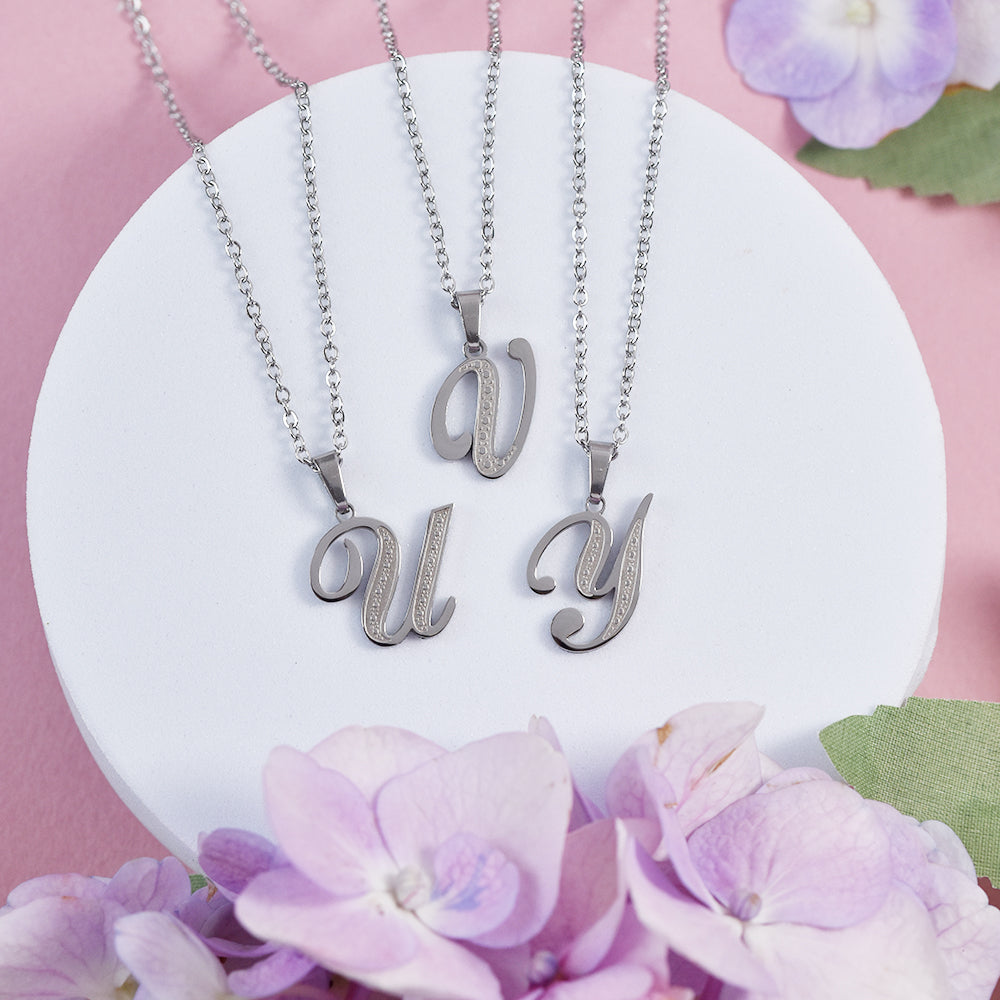 Steel decorative font initial necklace