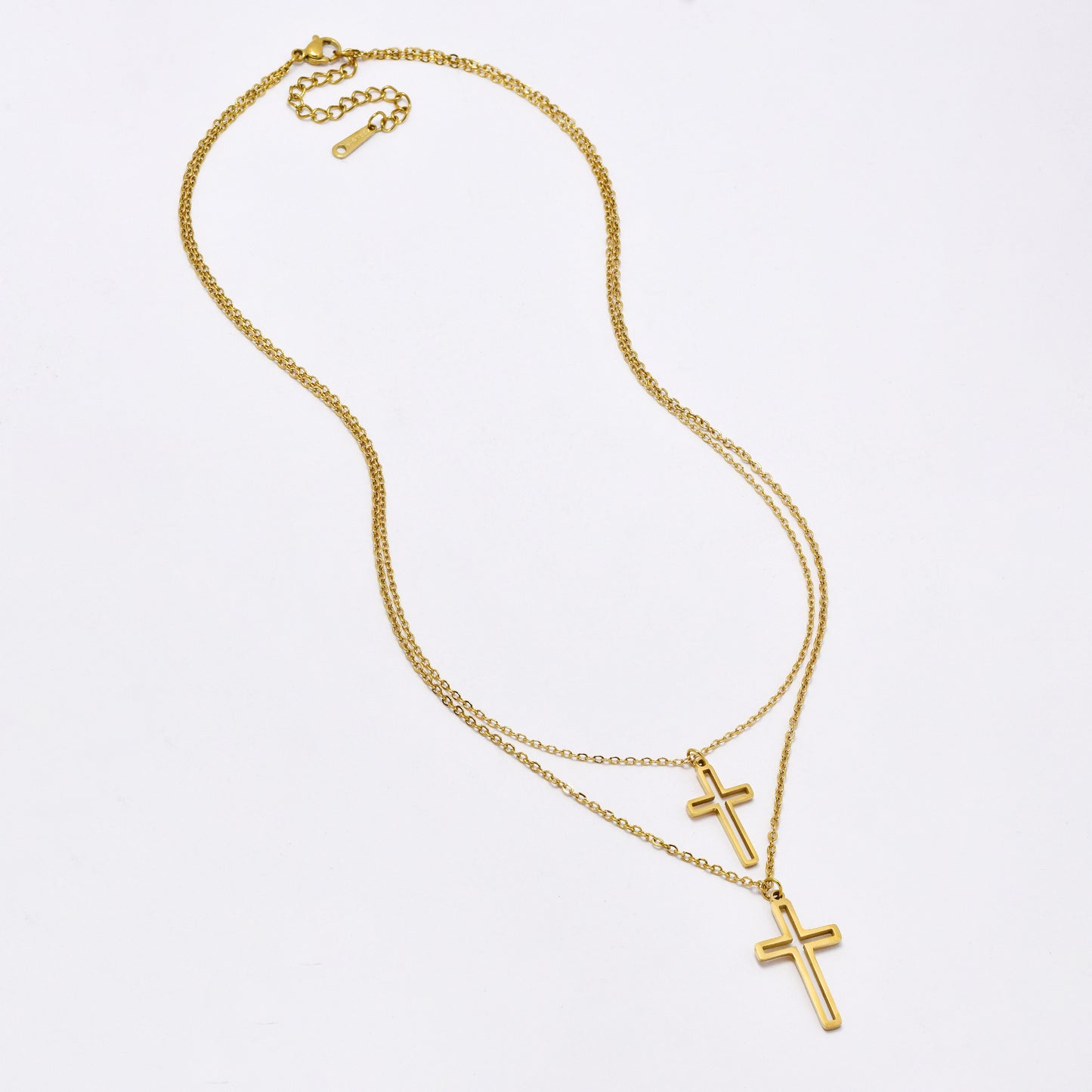 SSMN3163- Steel 45cm + 5cm double cross layered necklace