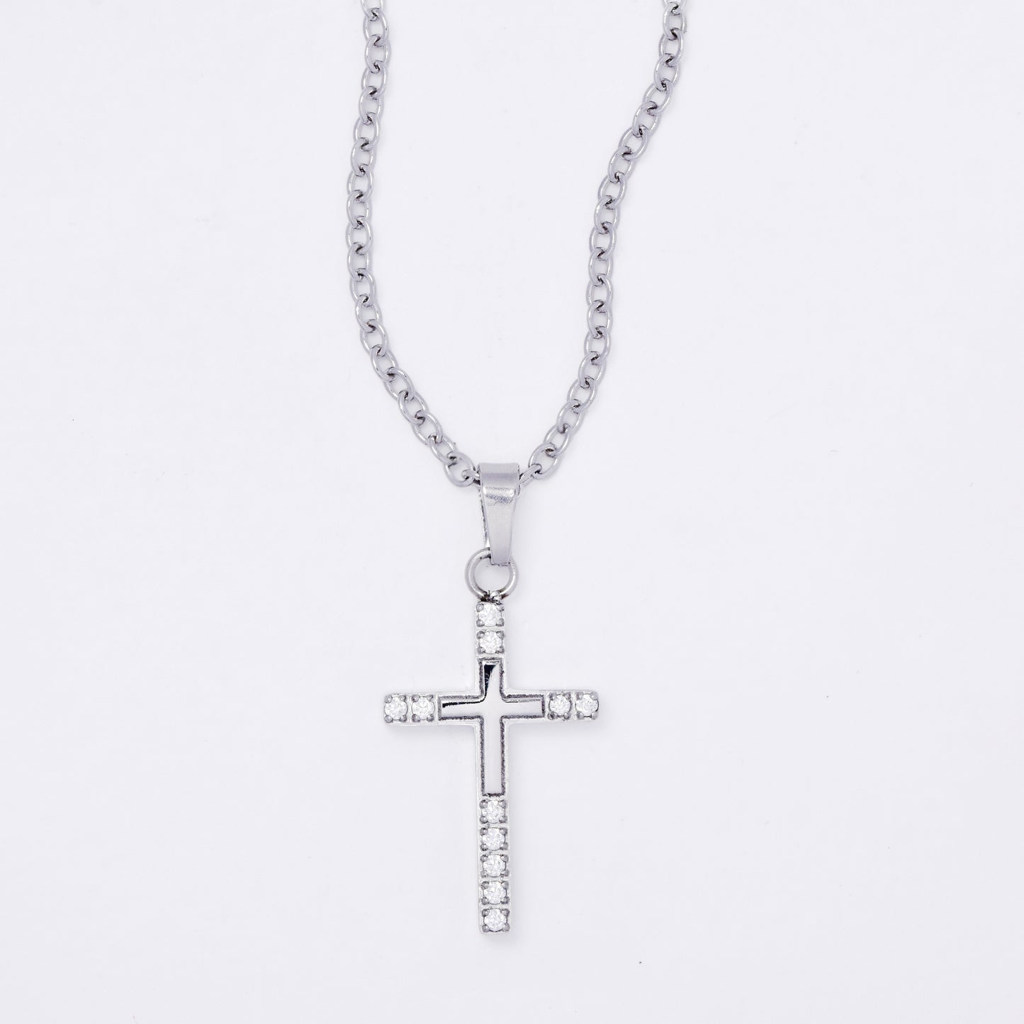 SSMN3226 - Steel 42cm + 5cm CZ cross necklace