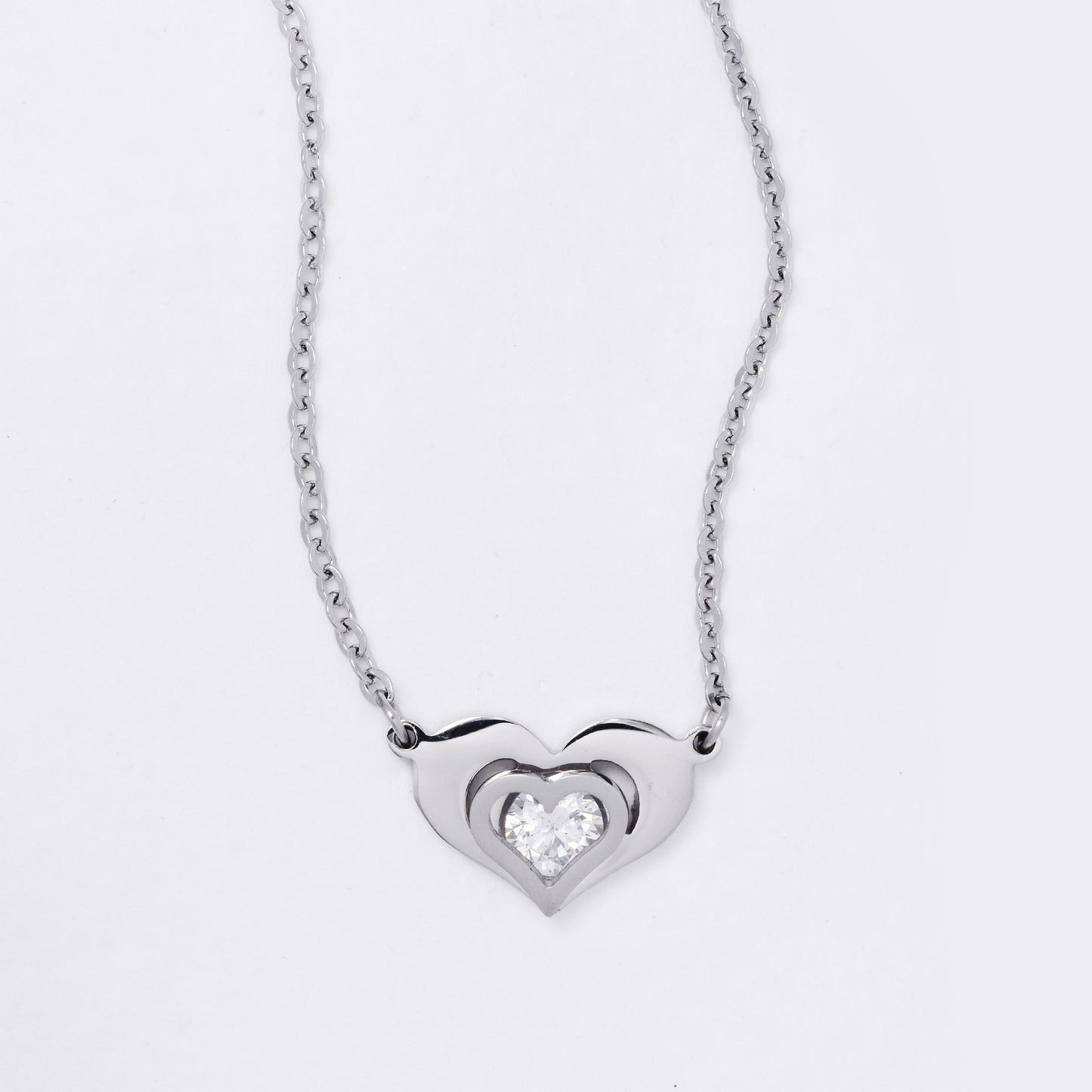 SSMN3227 - Steel 43cm CZ heart necklace