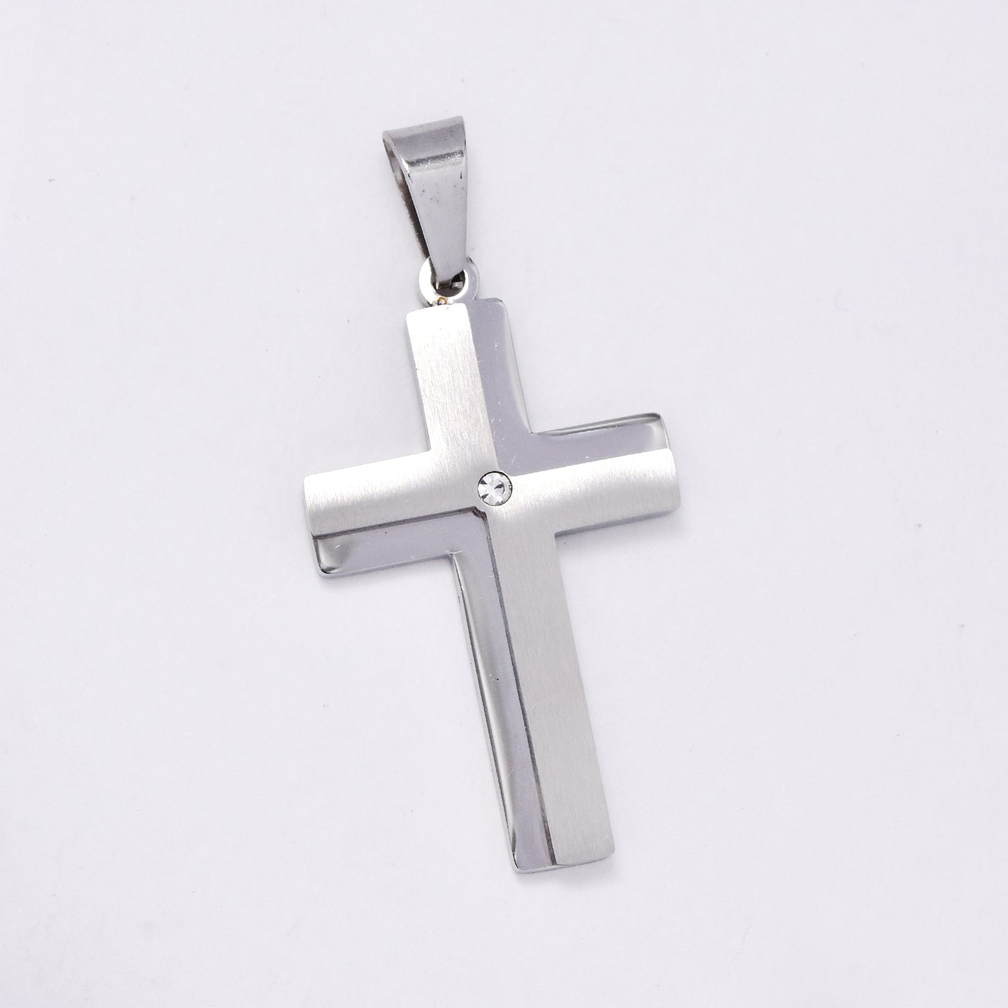 SSMP2983 - Steel 46mm x 23mm brushed and shiny cz cross pendant