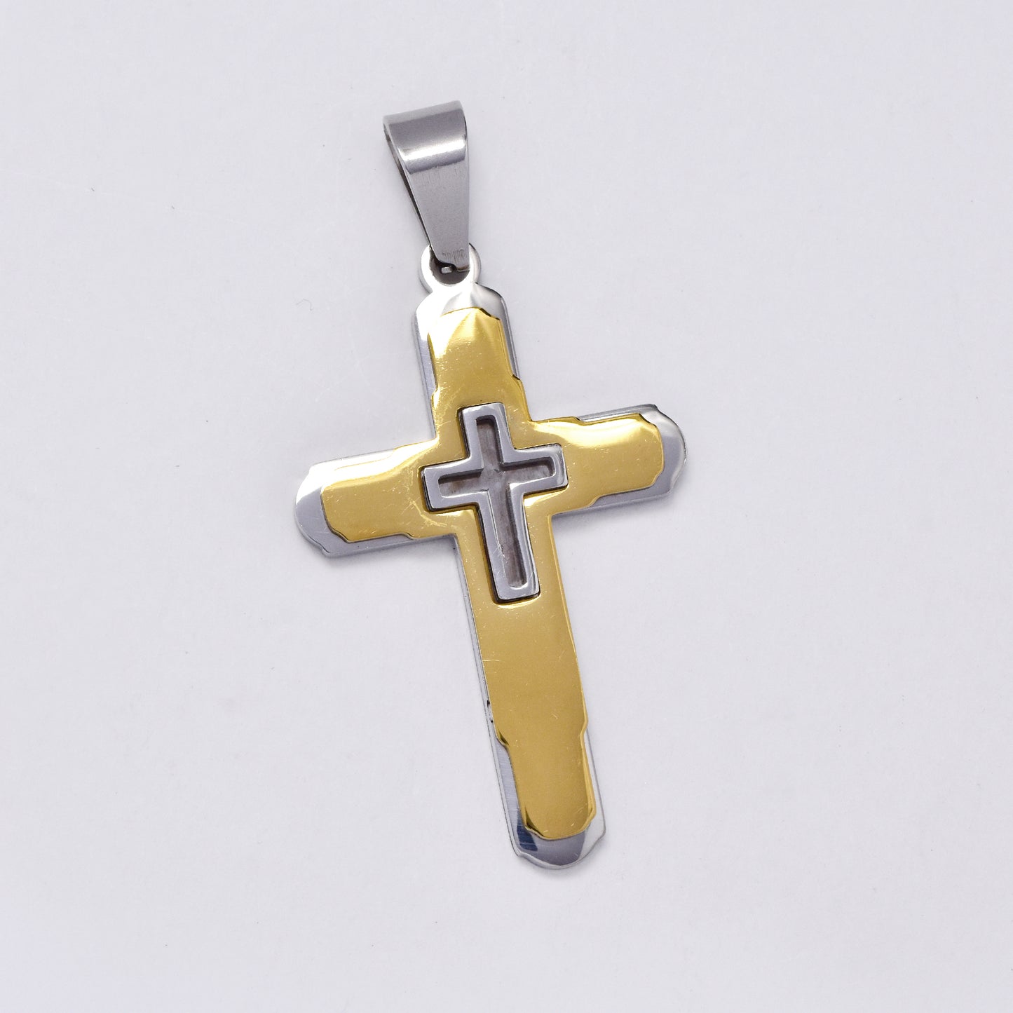 SSMP2990 - Steel 40.5mm x 25mm two tone cross pendant