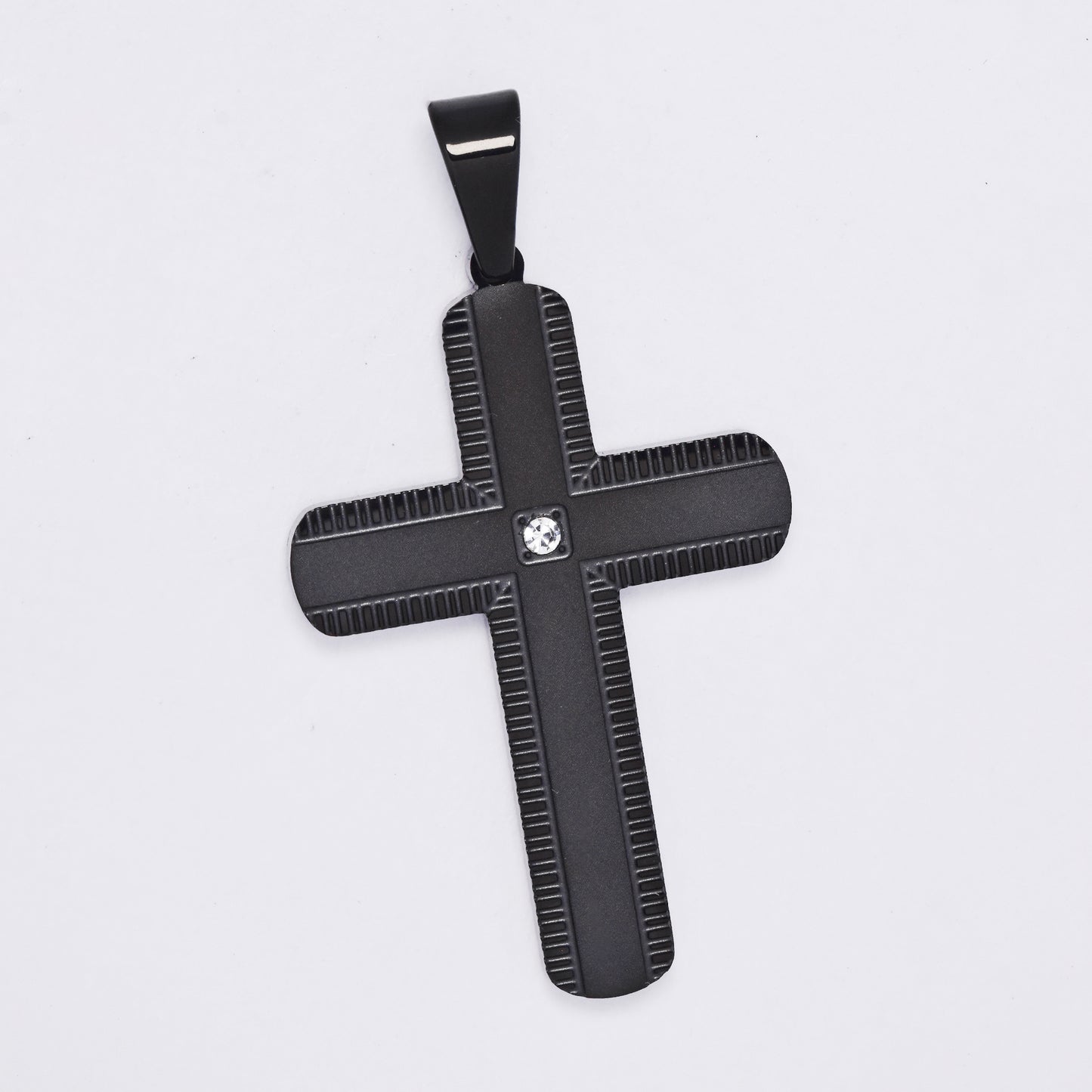 SSMP3300 - Steel 42mm x 38mm ribbed edge CZ cross pendant