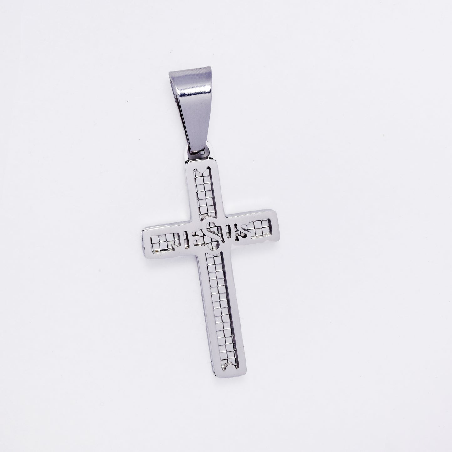 SSMP3331 - Steel 28.5mm x 16mm checkered "JESUS" pendant
