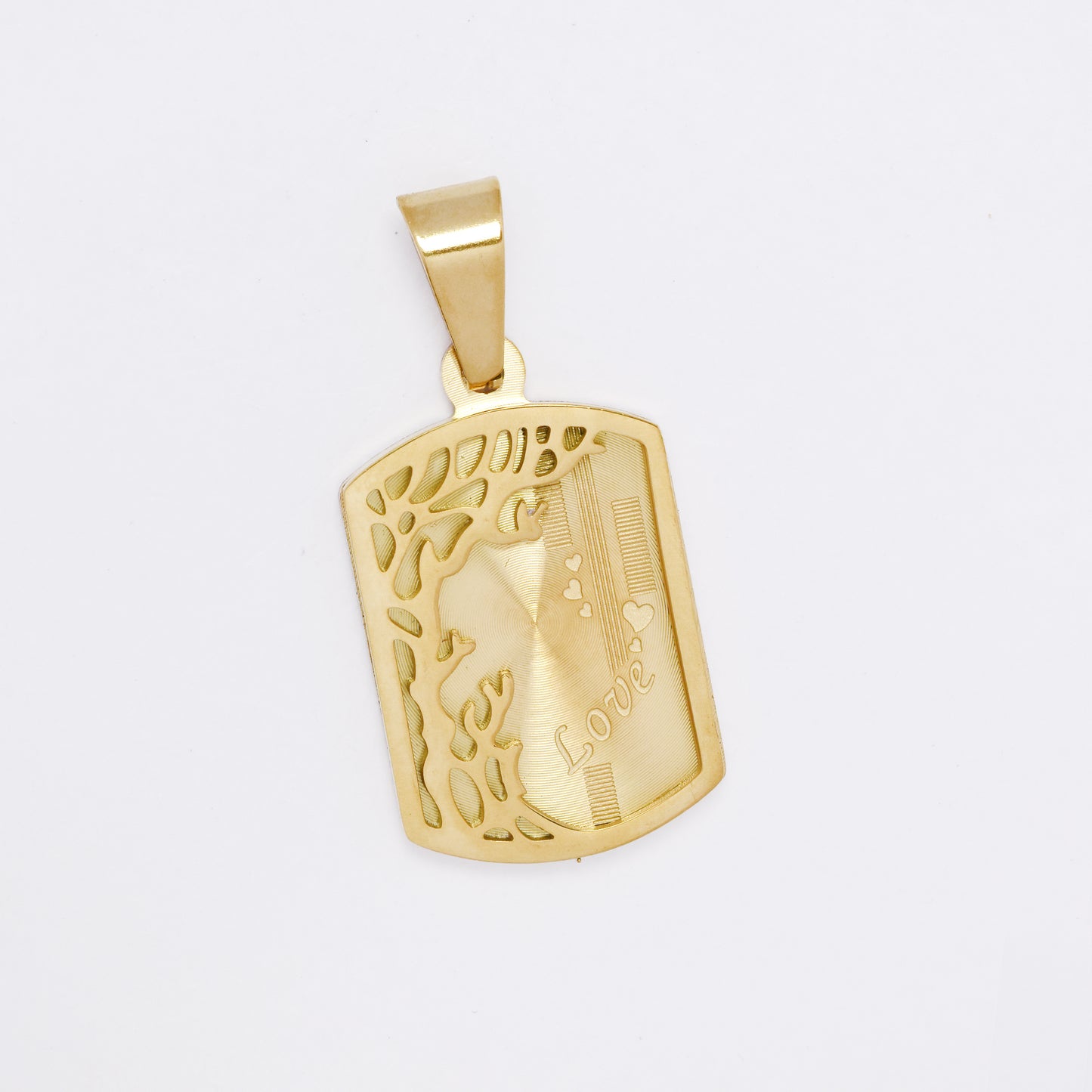 SSMP3332 - Steel 26mm x 16mm rectangular tree of life "Love" disk pendant