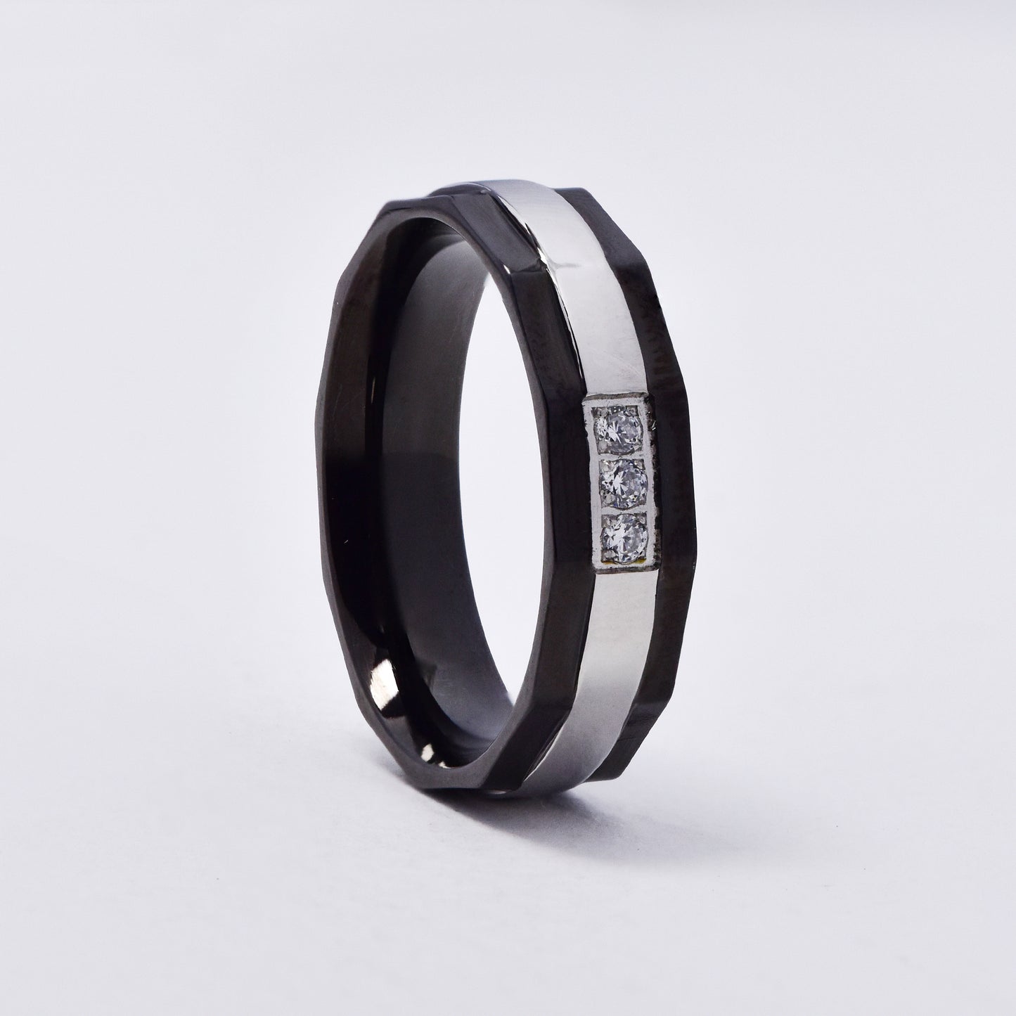 SSMR3076 - Steel 6mm x 2mm black and silver CZ ring