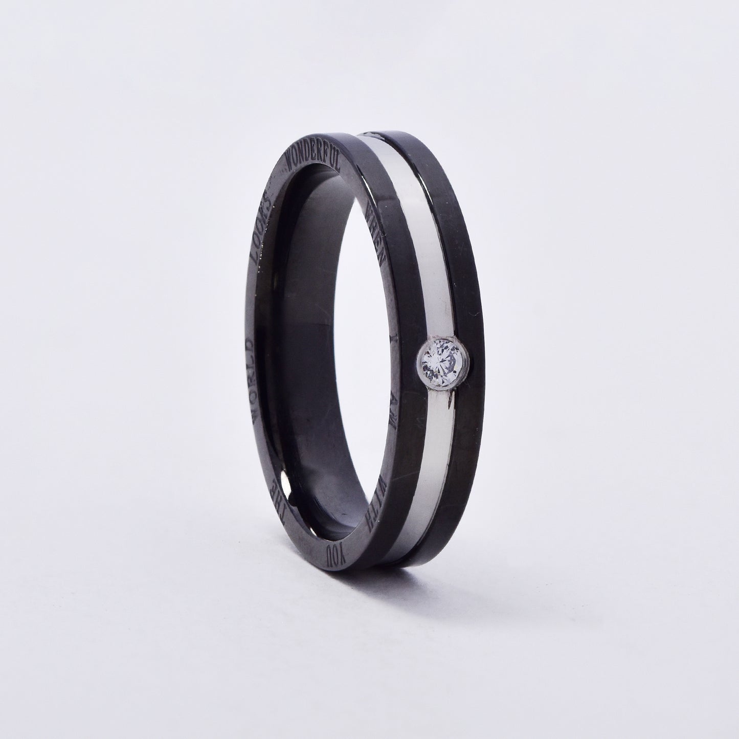 SSMR3079 - Steel 4mm x 2mm two tone inscription CZ ring