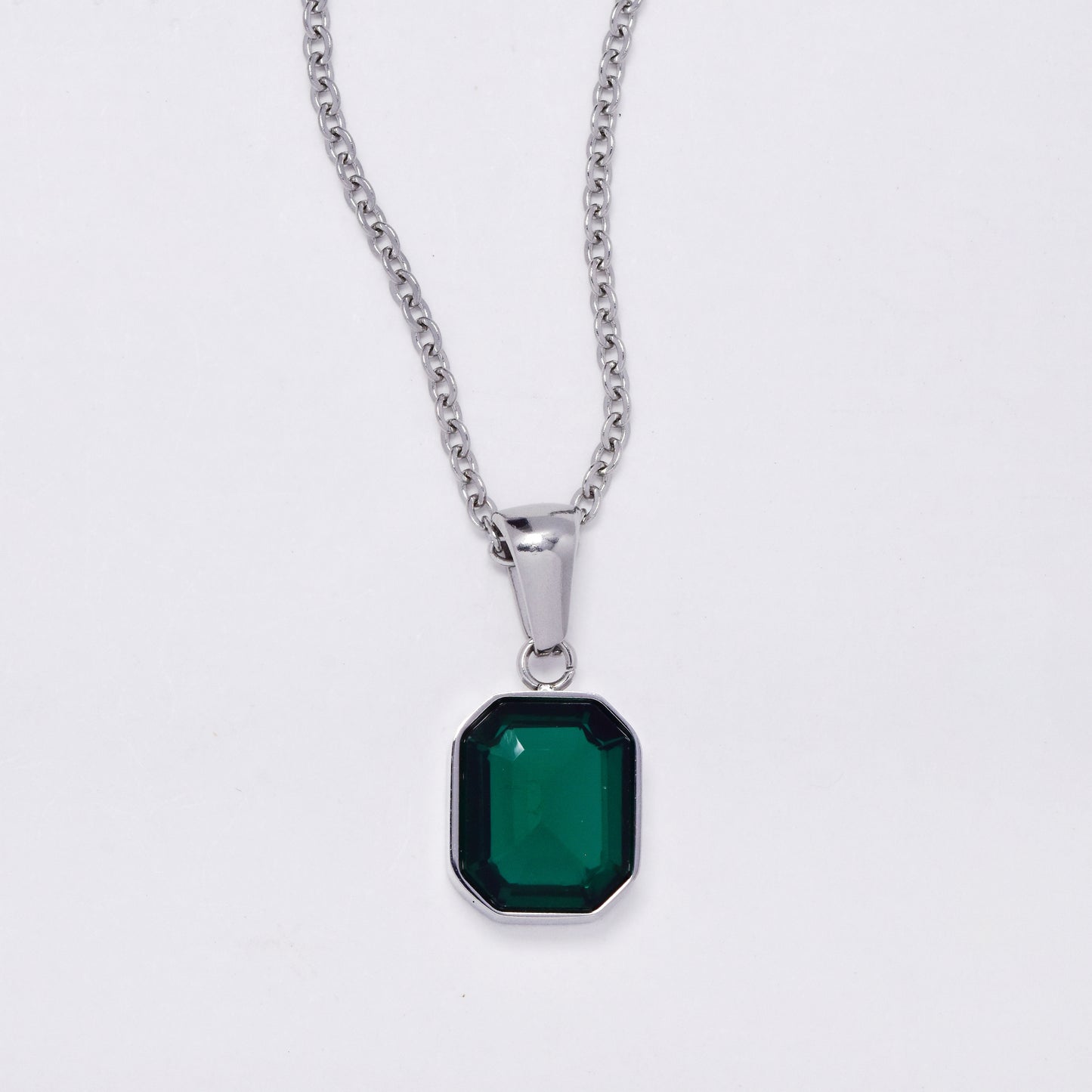 SSMS3113 - Steel 45cm + 5cm green drop necklace & earring set