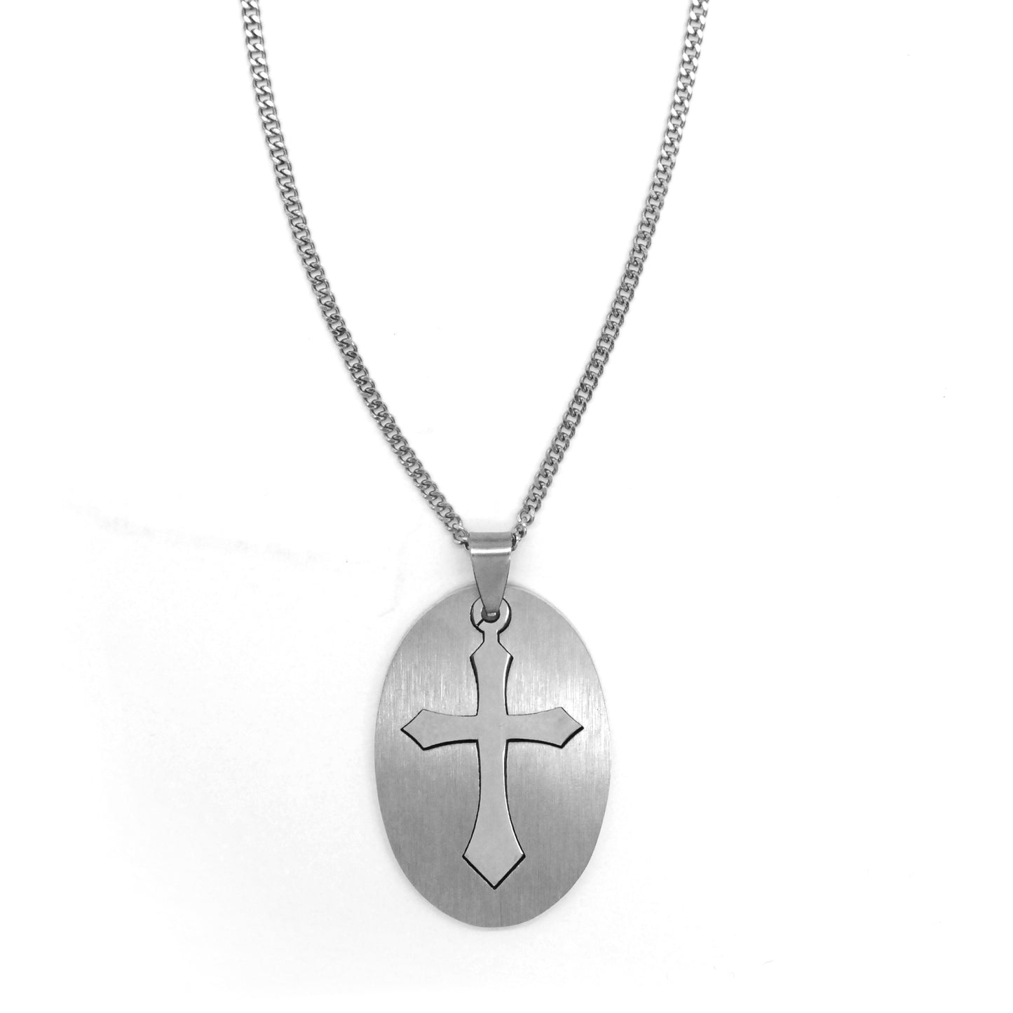 Stainless steel large cutout cross oval pendant on chain - SSP2246