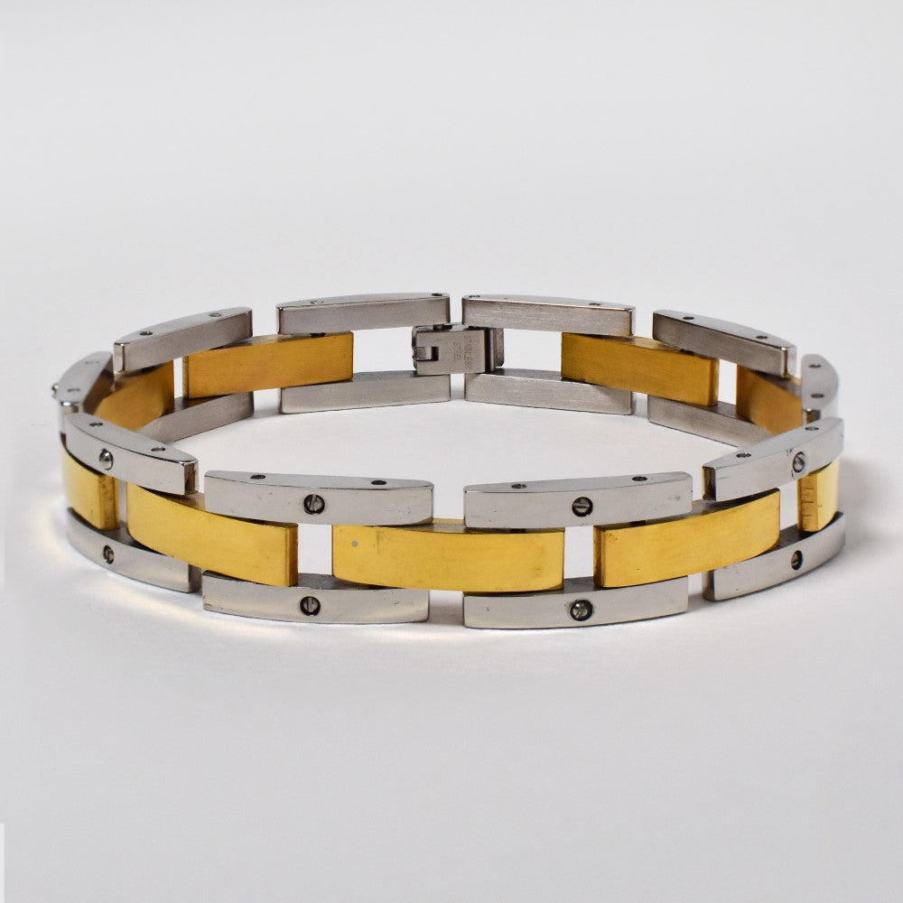 Stainless steel two-toned brick pattern bracelet - SSTB001
