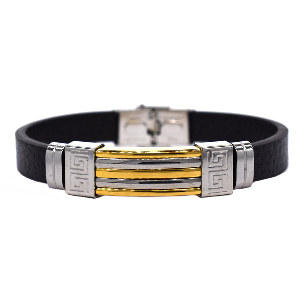 Stainless steel two tone ID stripe leather bracelet - SSVB9186-3
