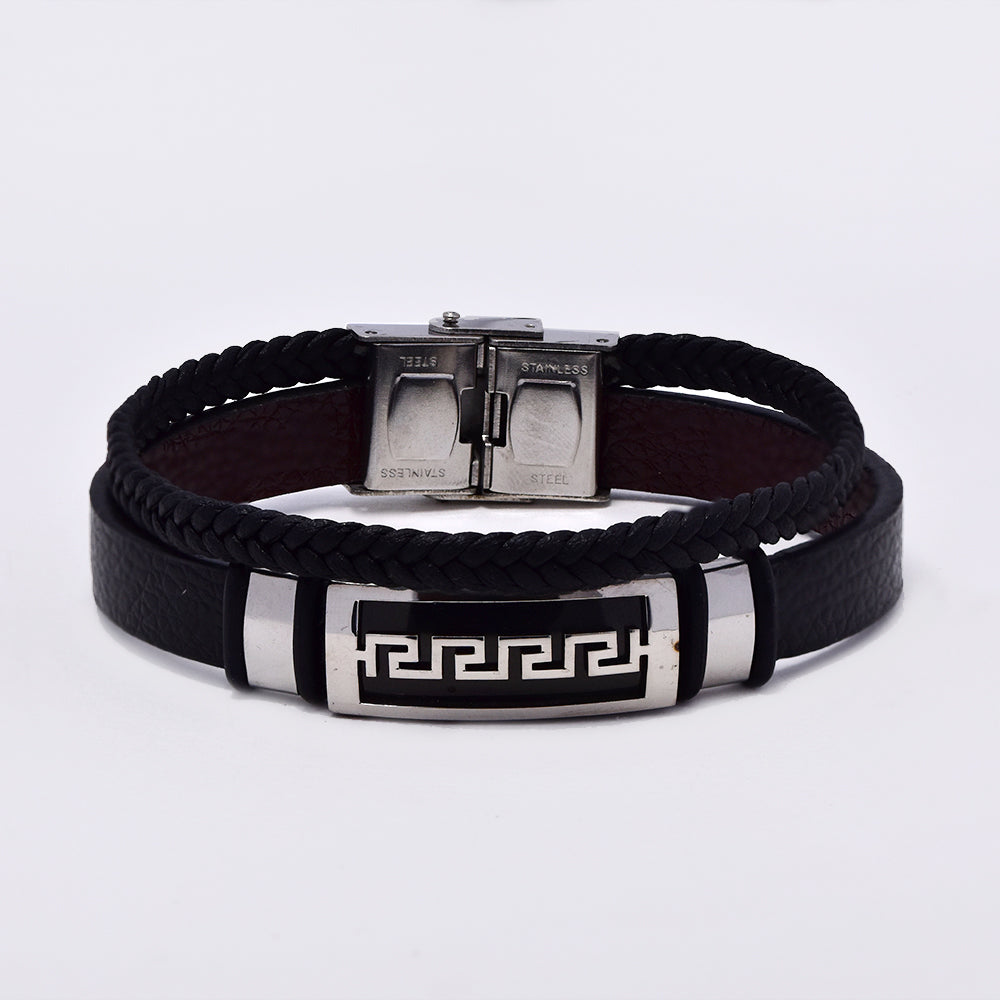 Stainless steel Grecian ID bracelet with textured and braided leather straps - SSVB9195
