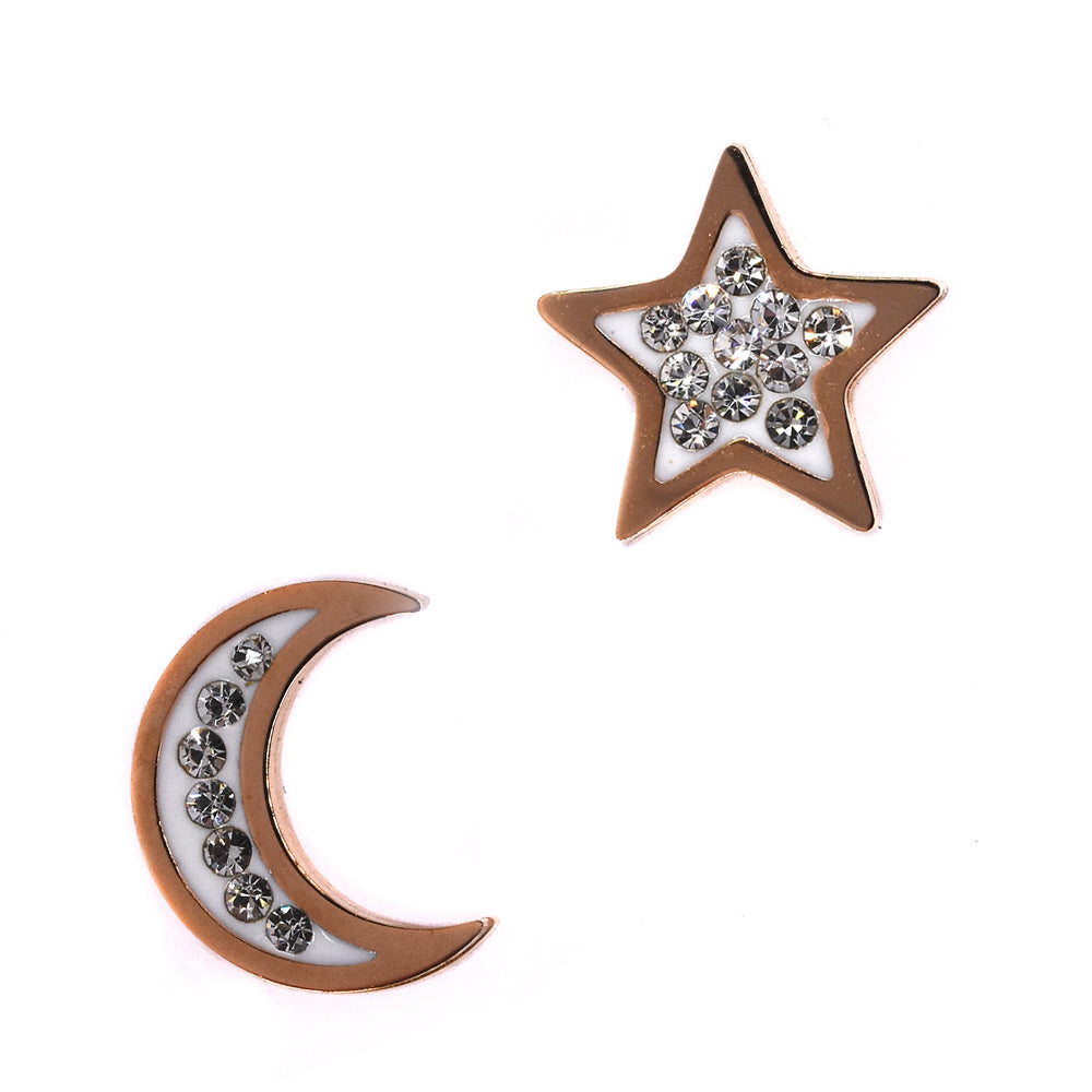 Stainless steel moon and star mismatched Cubic Zirconia rose gold plated studs - SSVE8473