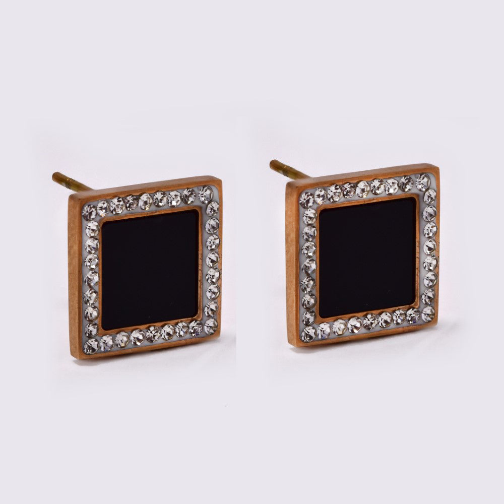 Stainless steel black and cubic zirconia square stud earrings - SSVE9022